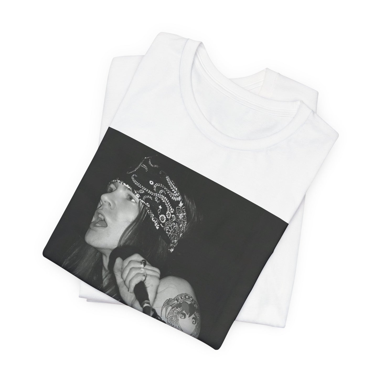 A black graphic t-shirt featuring a black and white portrait photo of the band Guns N' Roses.