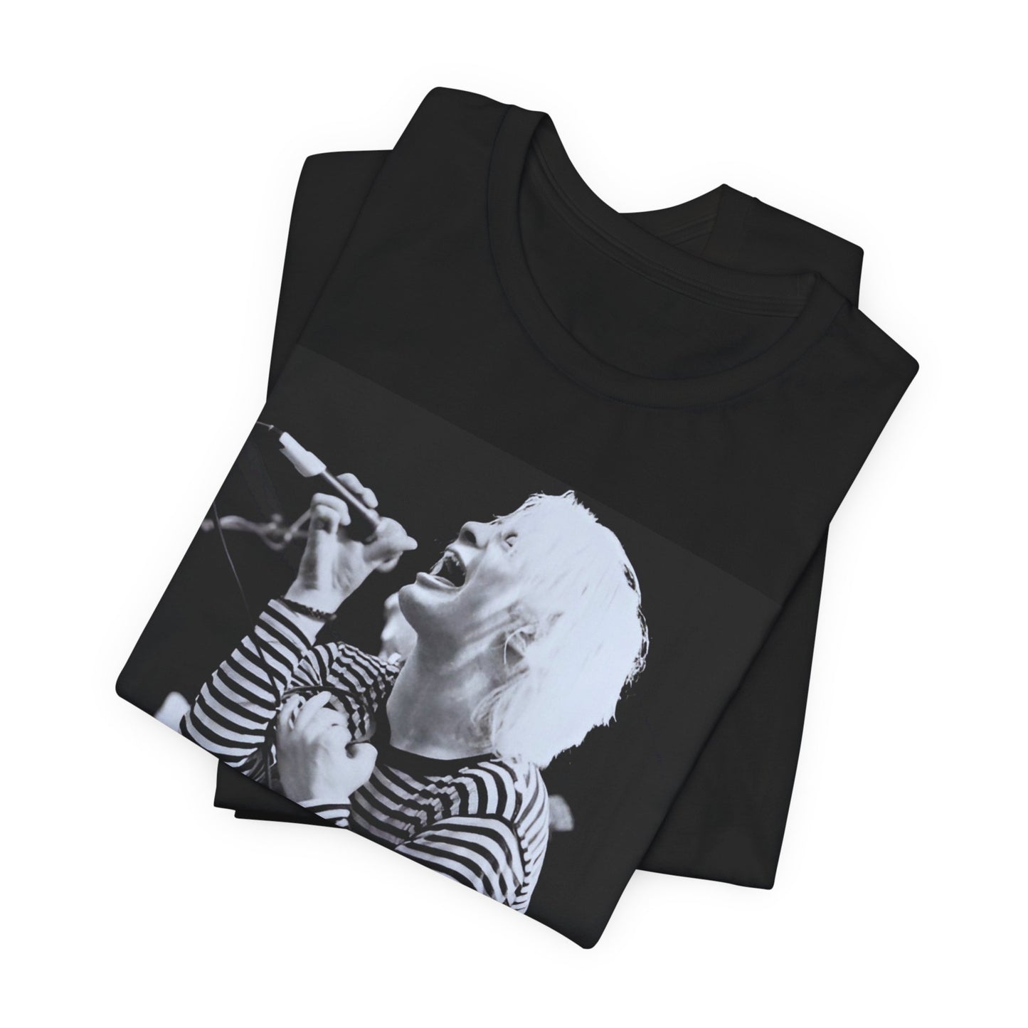 A black graphic t-shirt featuring a black and white graphic or photo of Radiohead performing live.