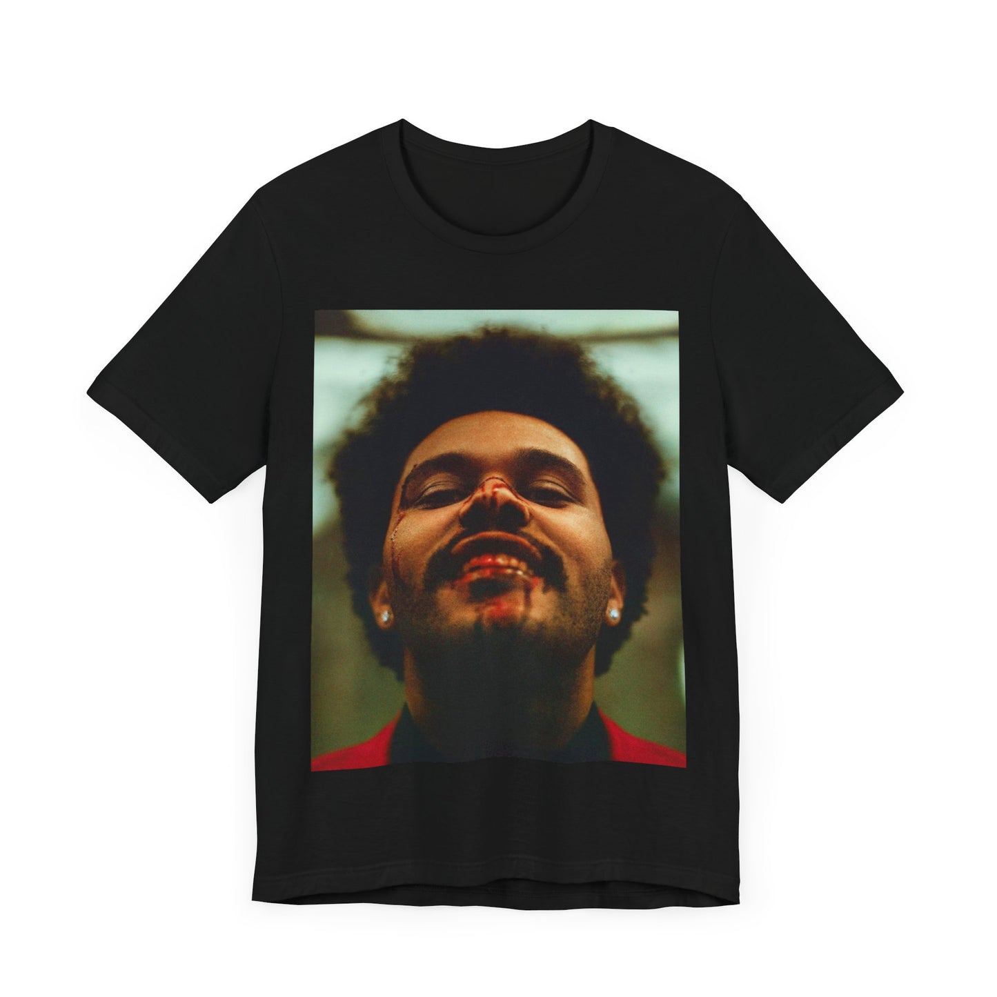 A black graphic t-shirt featuring the album cover art for The Weeknd's 'After Hours'.