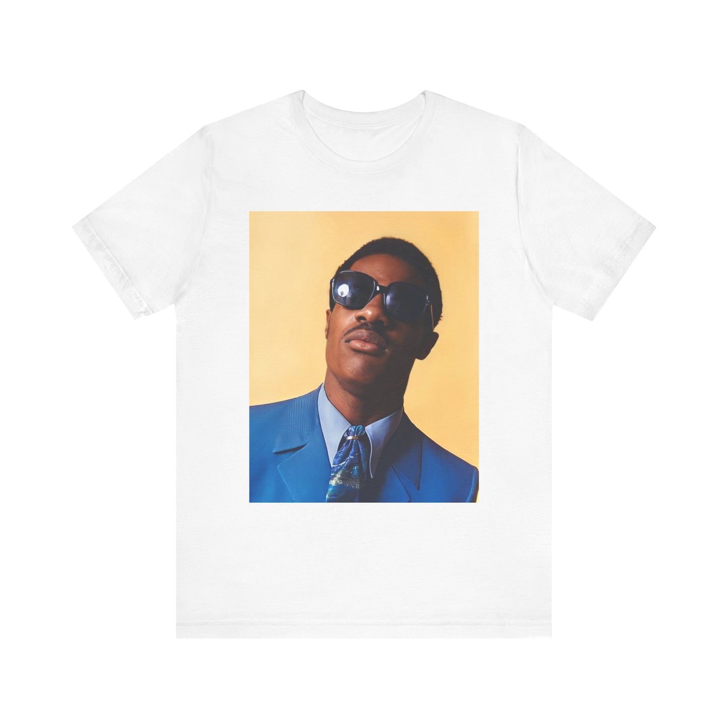 A black graphic t-shirt featuring a vintage graphic related to Stevie Wonder's 'Superstition' song or era.