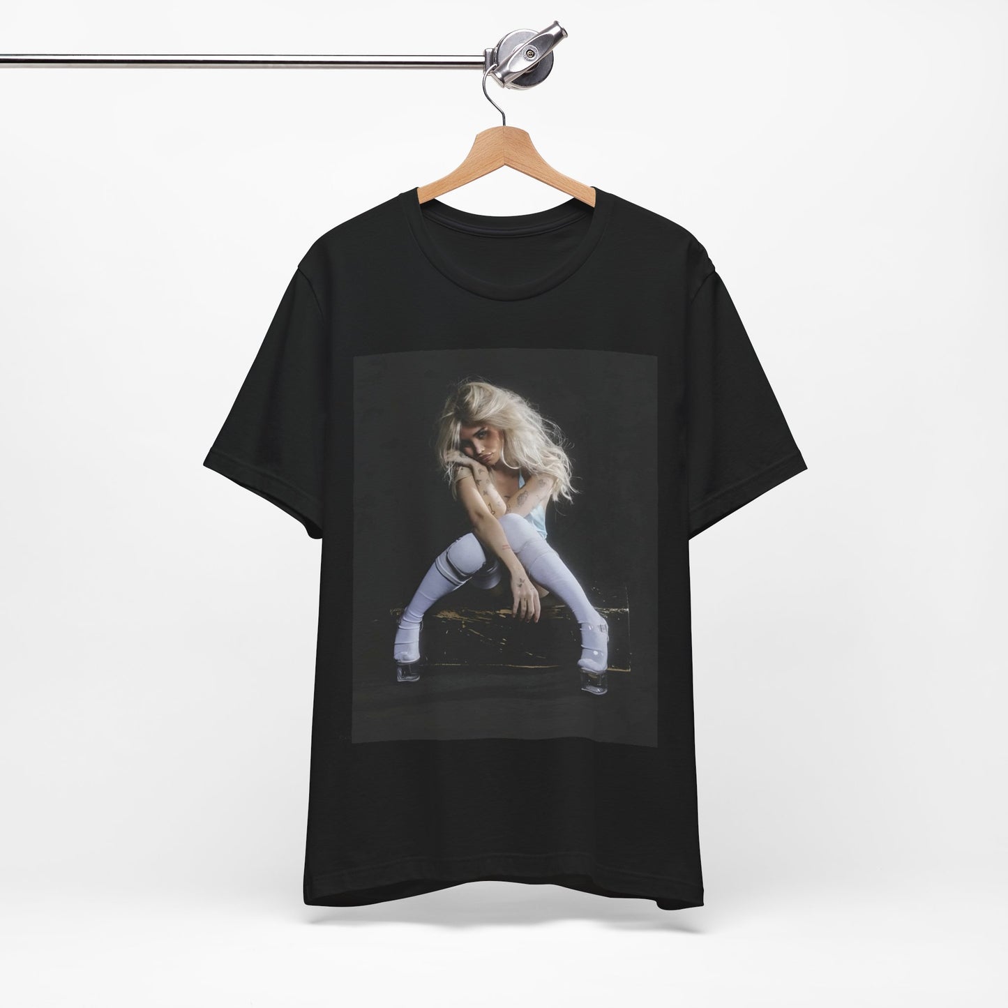 A black graphic t-shirt featuring a graphic of Nessa Barrett with dark pop vibes aesthetic.