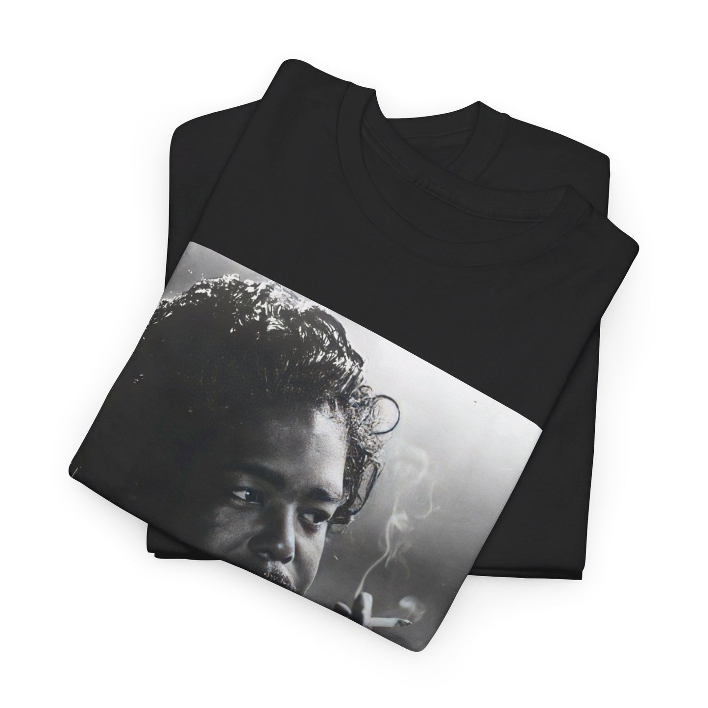 A black graphic t-shirt featuring a black and white graphic or portrait of Barry White from the 1970s.