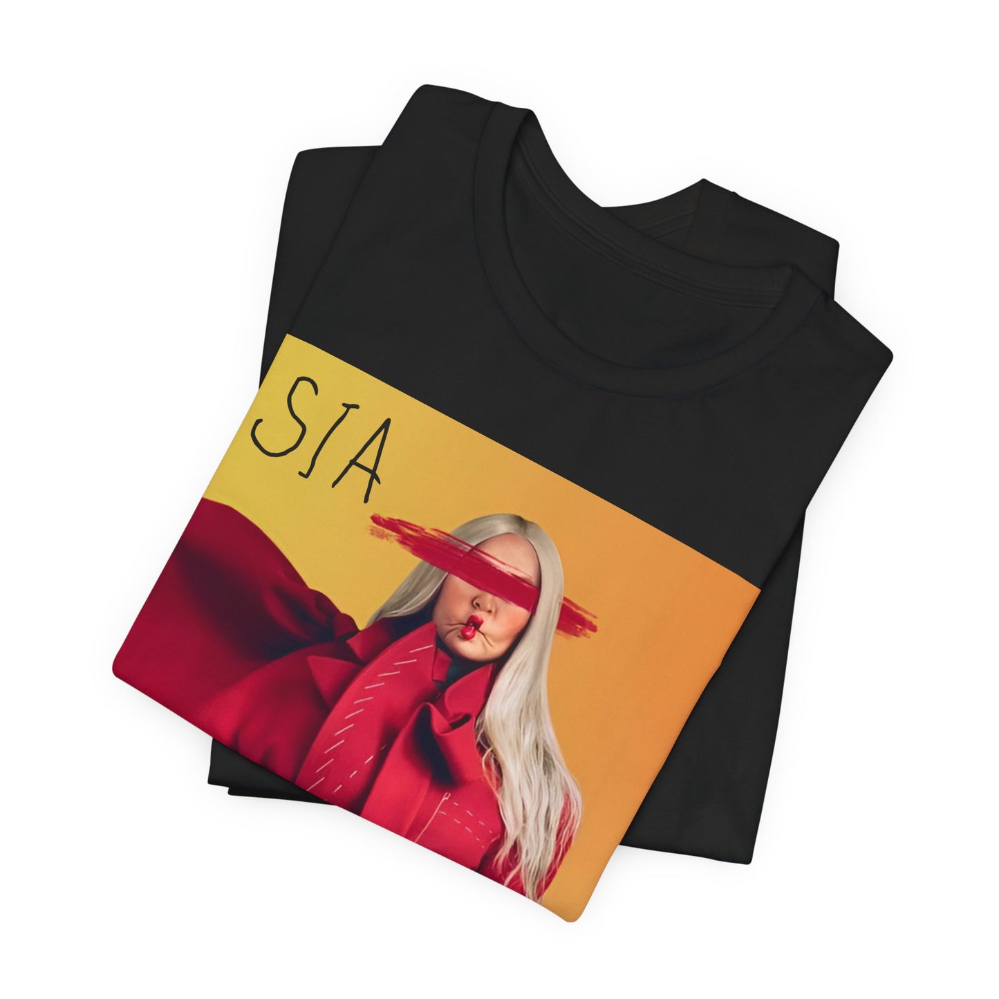 A black graphic t-shirt featuring a retro graphic related to Sia's '1000 Forms of Fear' album era.