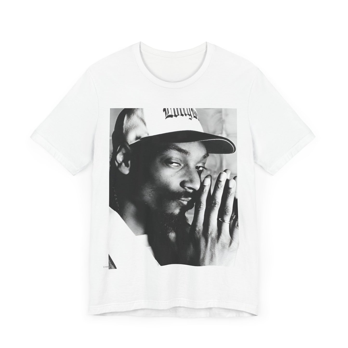 A black graphic t-shirt featuring a cool black and white graphic or photo of Snoop Dogg as a rapper.