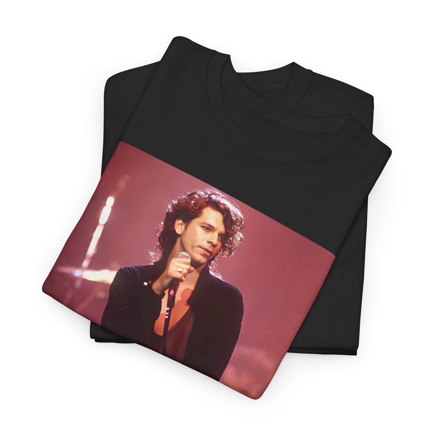 A black graphic t-shirt featuring a graphic related to INXS's 'Never Tear Us Apart' song or era from the 90s.