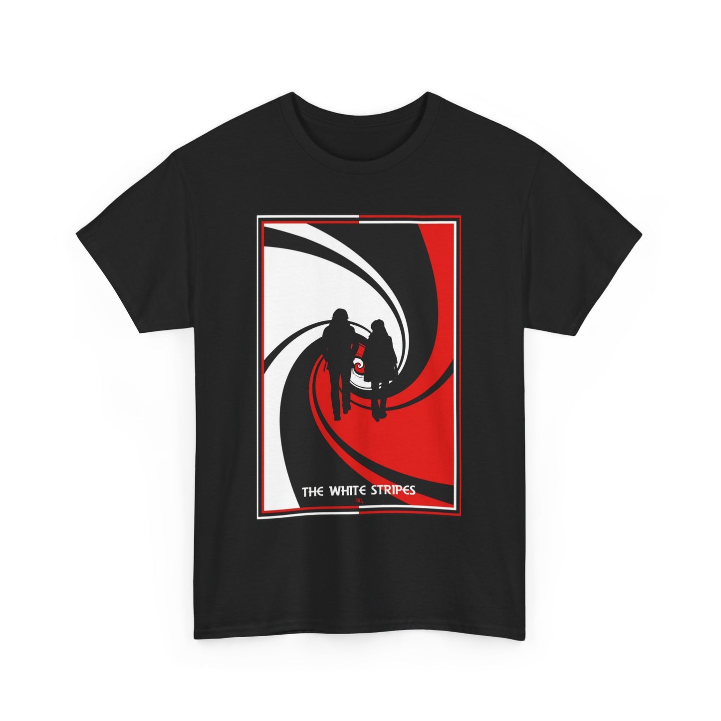 A black graphic t-shirt featuring a minimalist design graphic for The White Stripes.