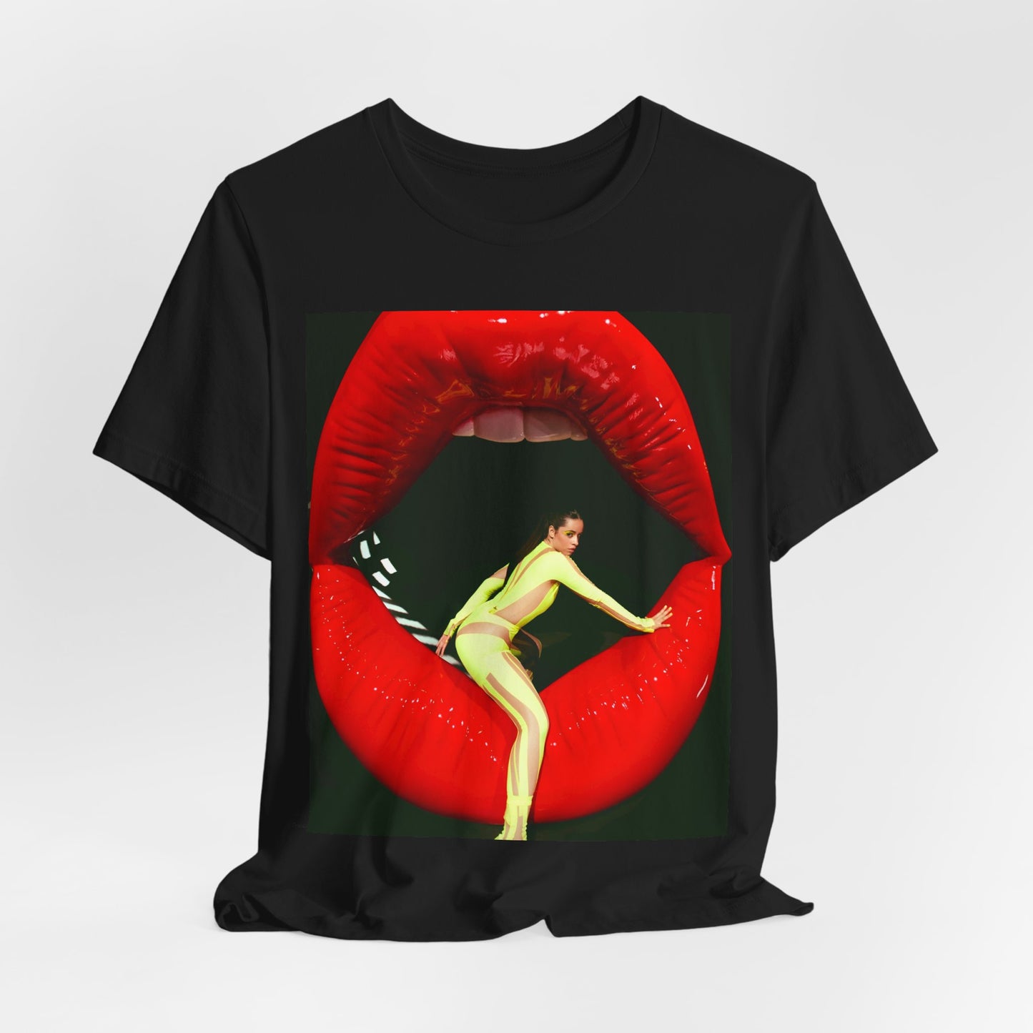 A black graphic t-shirt featuring a graphic of Camila Cabello with a 'rebel heart' or edgy pop star aesthetic.