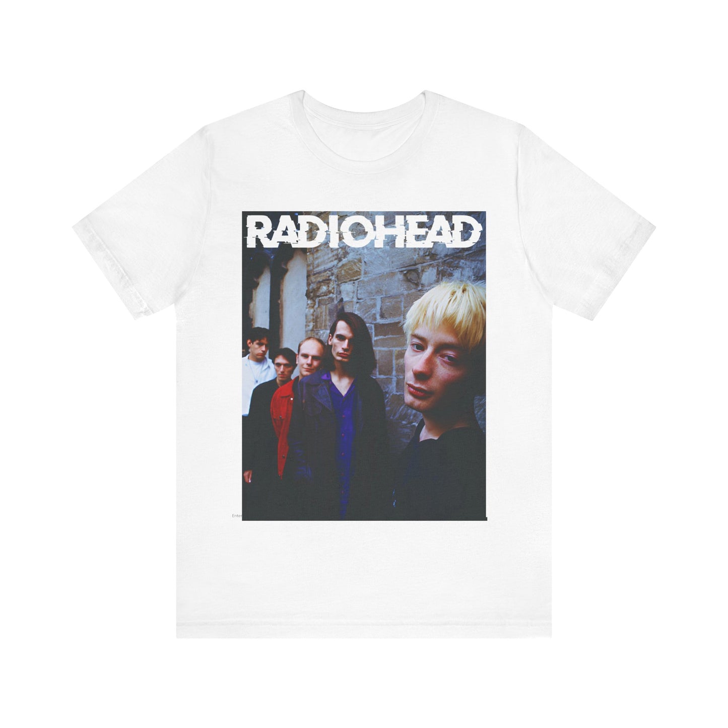 A black graphic t-shirt featuring a 90s graphic related to Radiohead's 'Karma Police' song or era.
