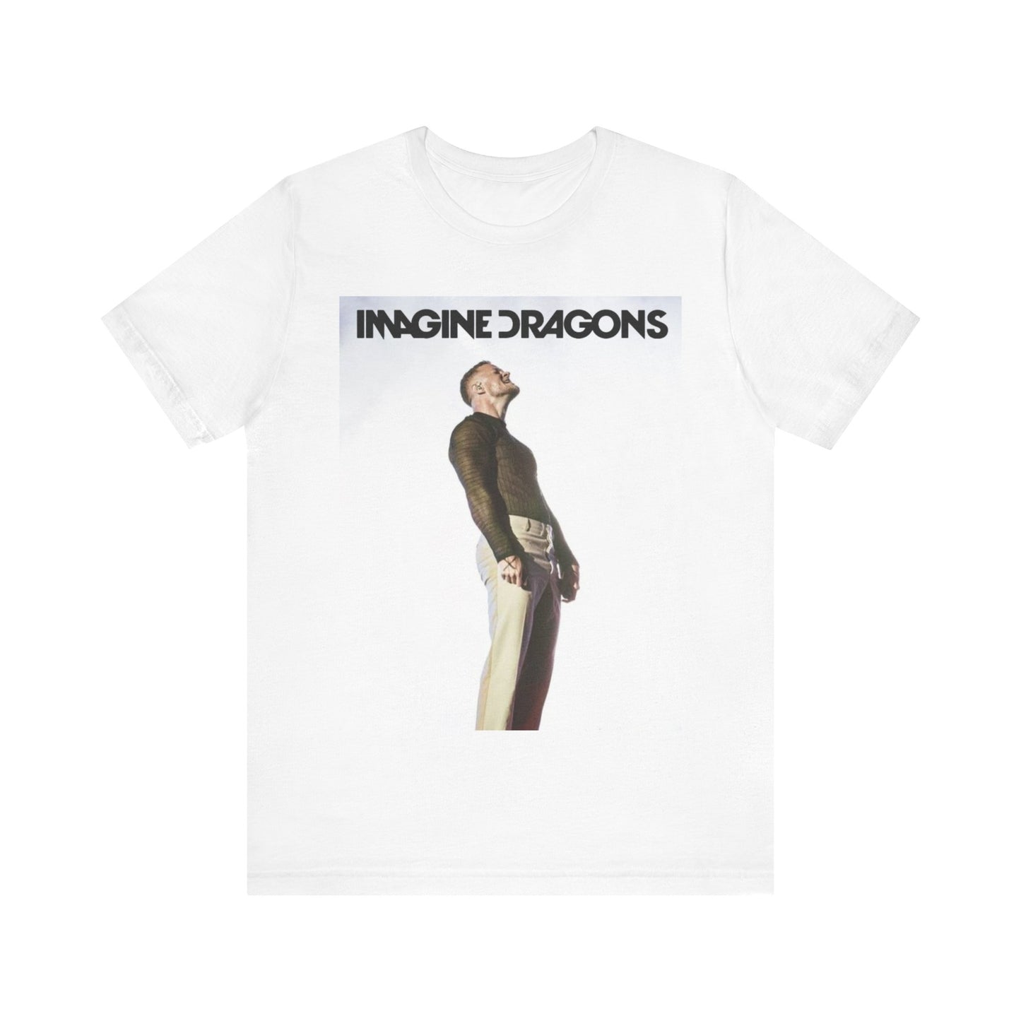 A black graphic t-shirt featuring a graphic related to Imagine Dragons' 'Believer' song or era.