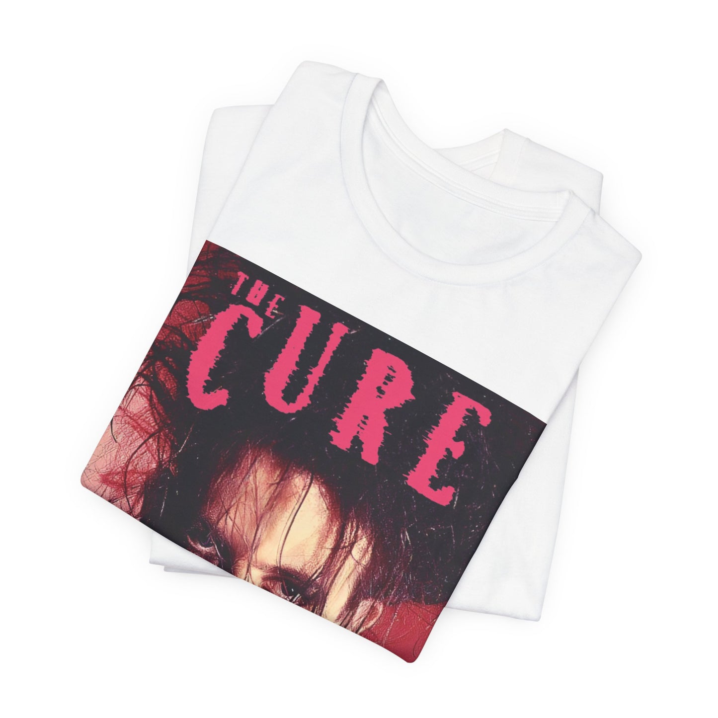 A black graphic t-shirt featuring a vintage graphic related to The Cure's 'Just Like Heaven' song or era.
