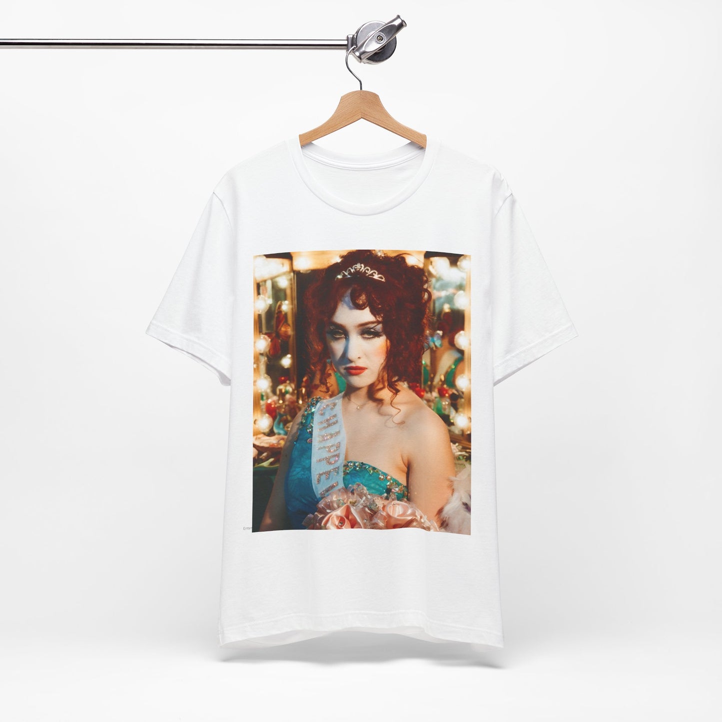 A black graphic t-shirt featuring a graphic of Chappell Roan in a bold stage costume.