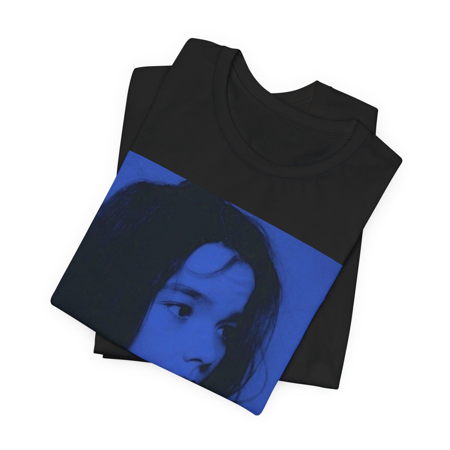 A black graphic t-shirt featuring a modern, avant-garde graphic of Bjork, possibly with abstract or futuristic elements.