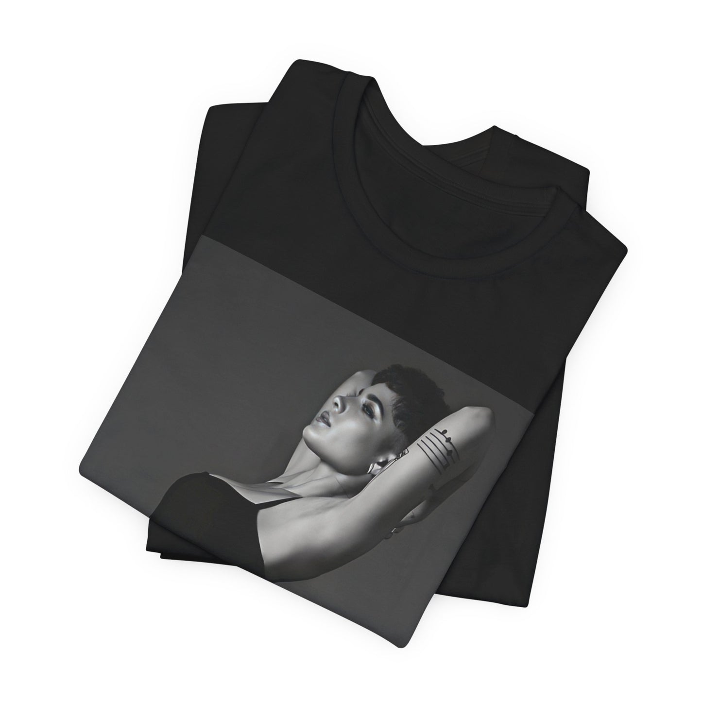 A black graphic t-shirt featuring a black and white, monochrome graphic or photo of Halsey.