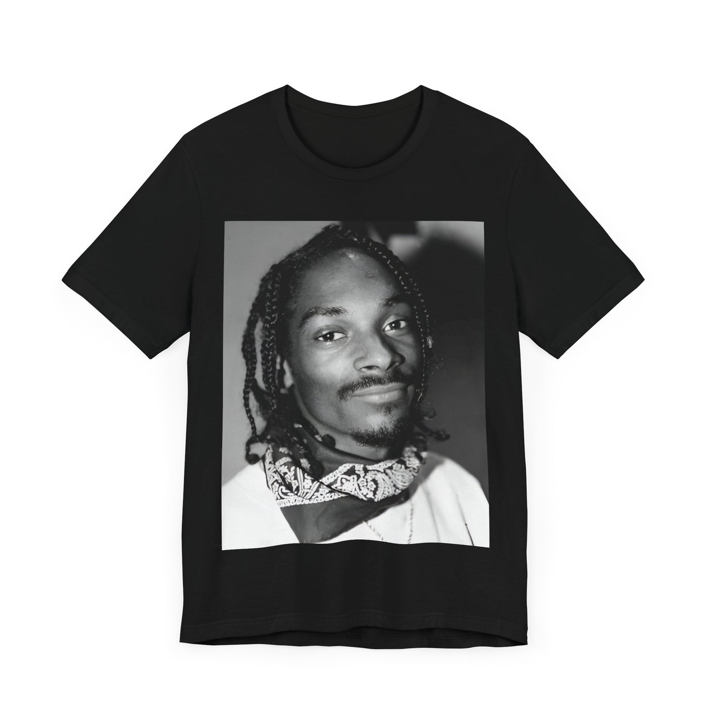 A black graphic t-shirt featuring a modern rap essential graphic of Snoop Dogg.