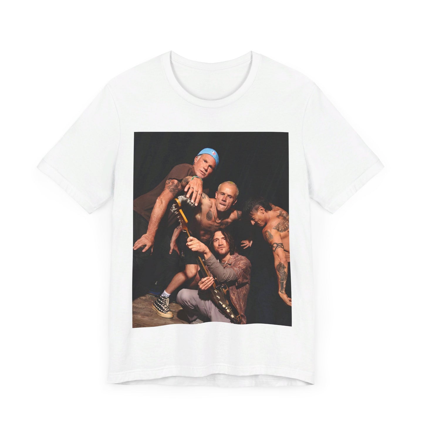 A black graphic t-shirt featuring a psychedelic vibes graphic related to Red Hot Chili Peppers.