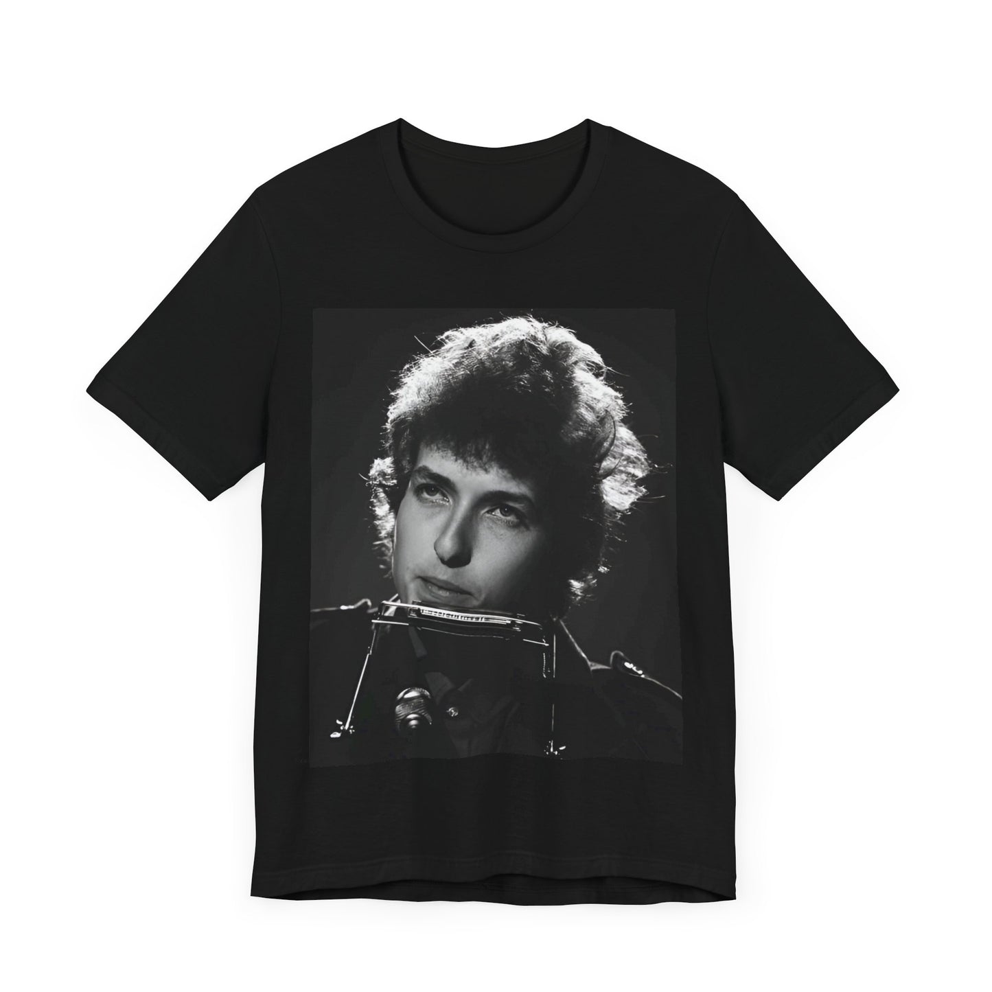 A black graphic t-shirt featuring a graphic of Bob Dylan from the 60s playing his harmonica.