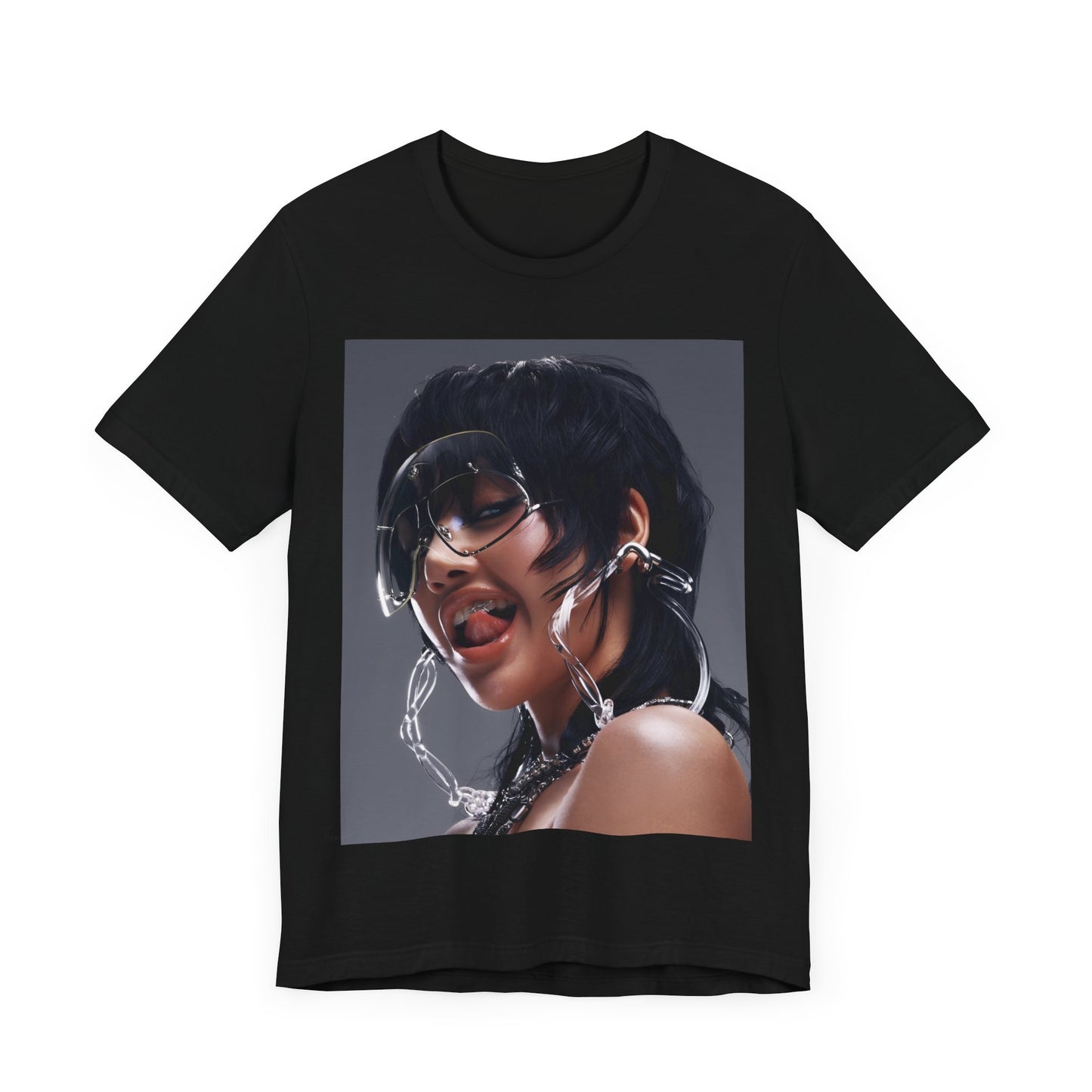 A black graphic t-shirt featuring a vintage K-Pop icon graphic of Lisa.
