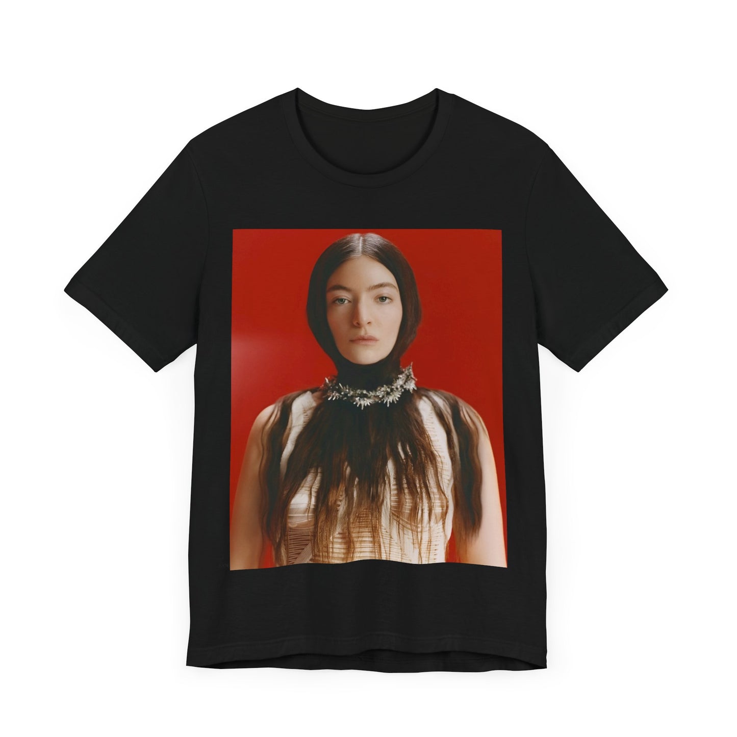 A black graphic t-shirt featuring a vintage indie pop icon graphic of Lorde.