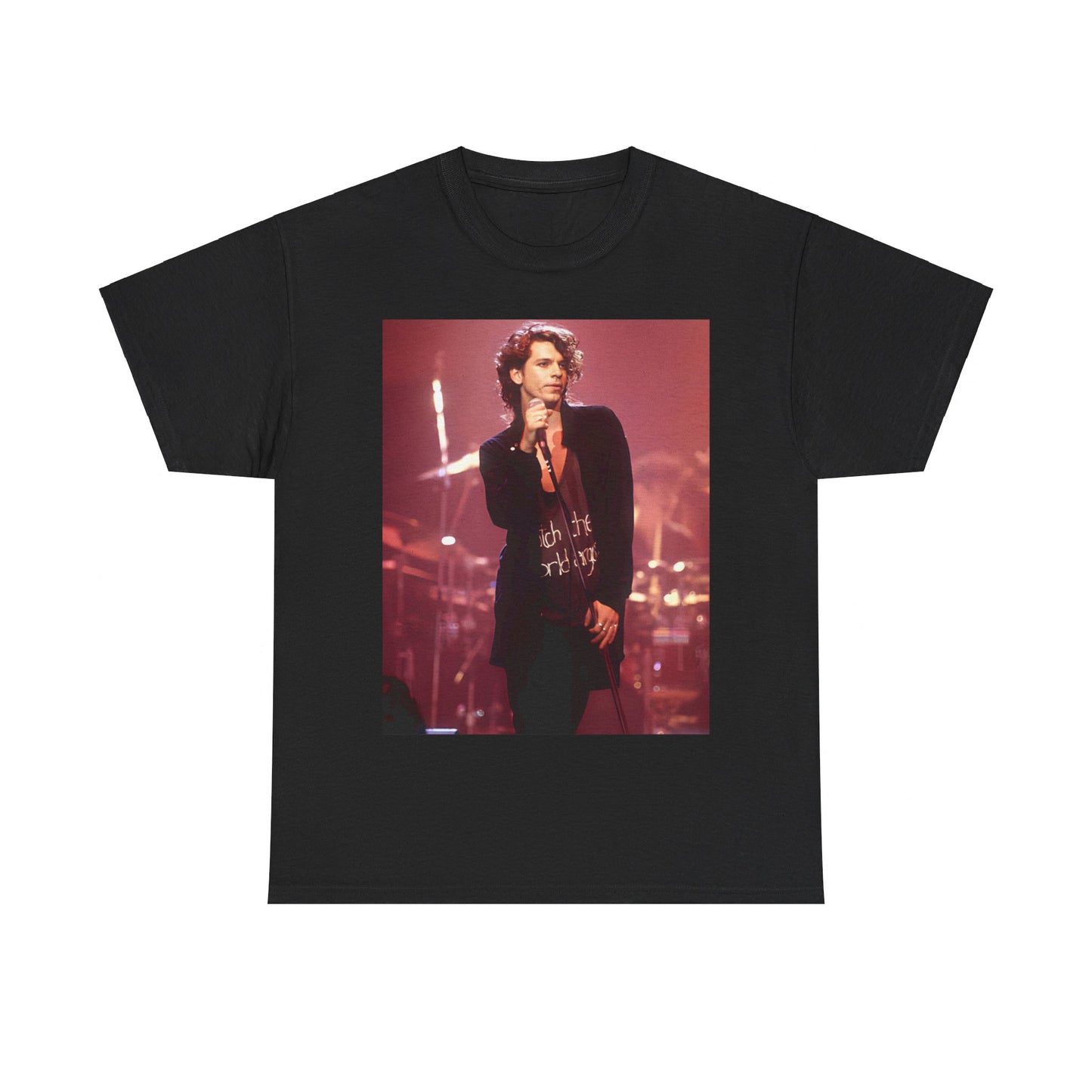 A black graphic t-shirt featuring a graphic related to INXS's 'Never Tear Us Apart' song or era from the 90s.