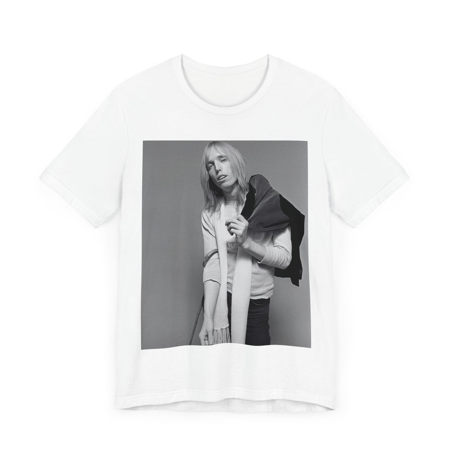 A black graphic t-shirt featuring a modern rock essential graphic of Tom Petty.