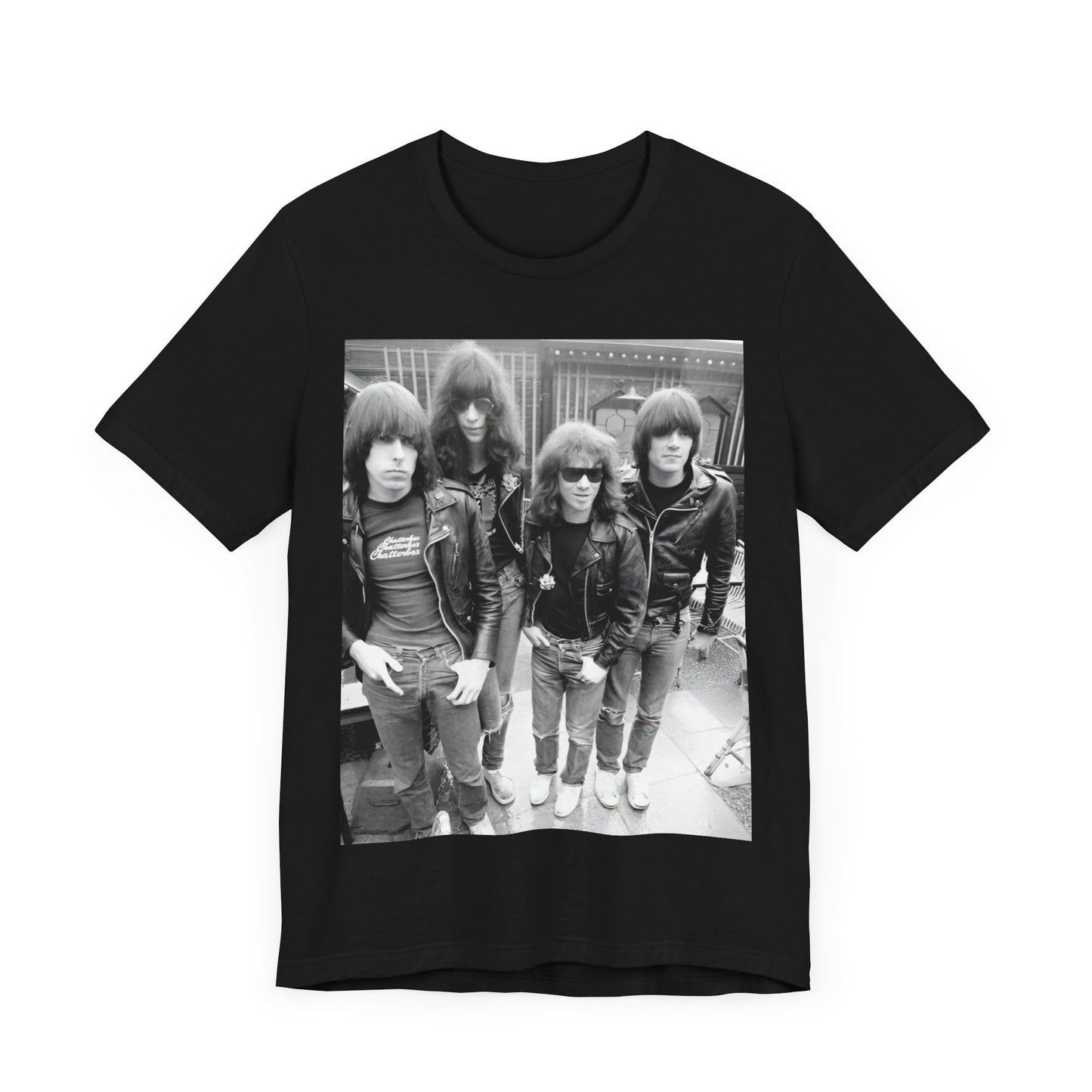 A black graphic t-shirt featuring a retro graphic related to Ramones' 'I Wanna Be Sedated' song or era.