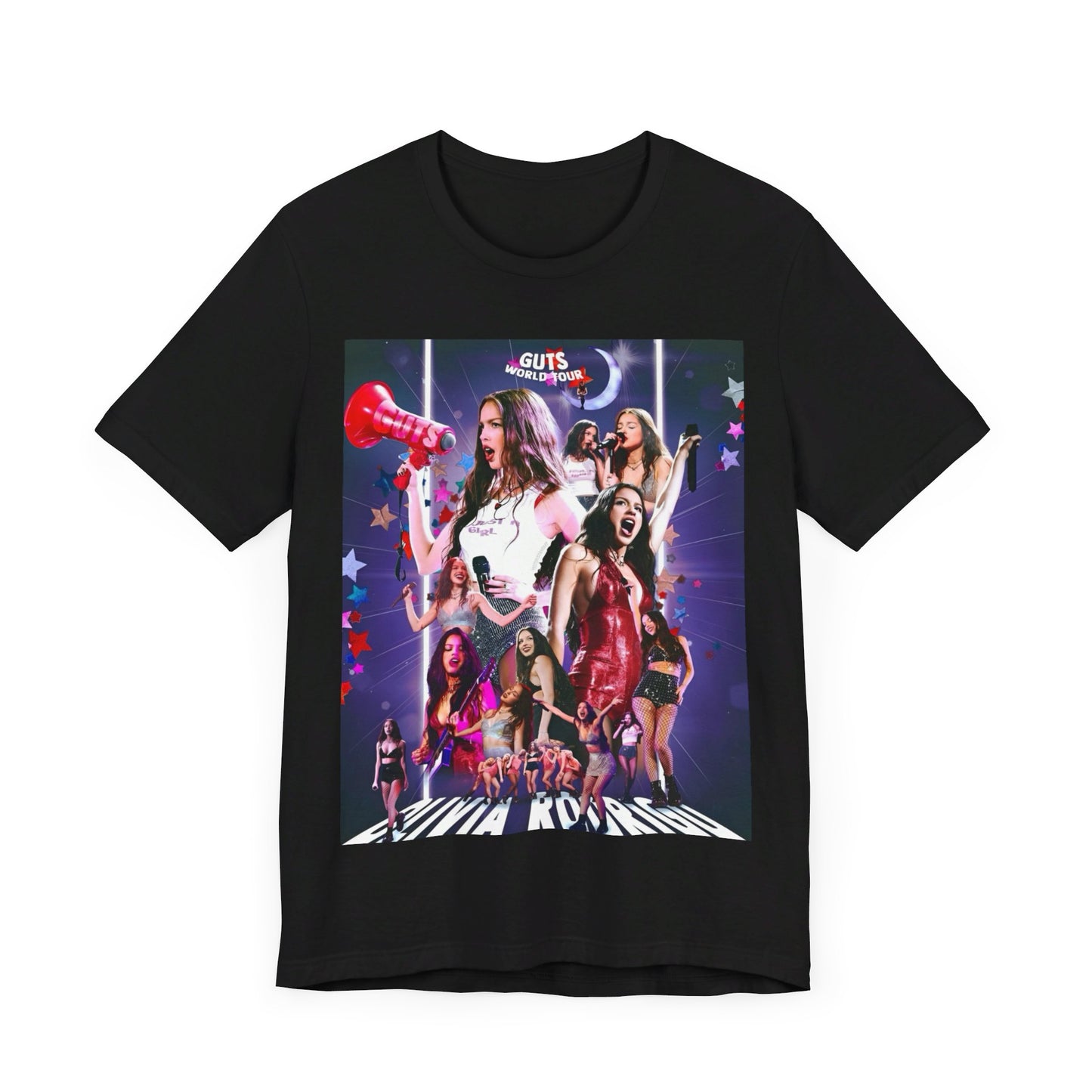 A black graphic t-shirt featuring a bootleg graphic of Olivia Rodrigo.