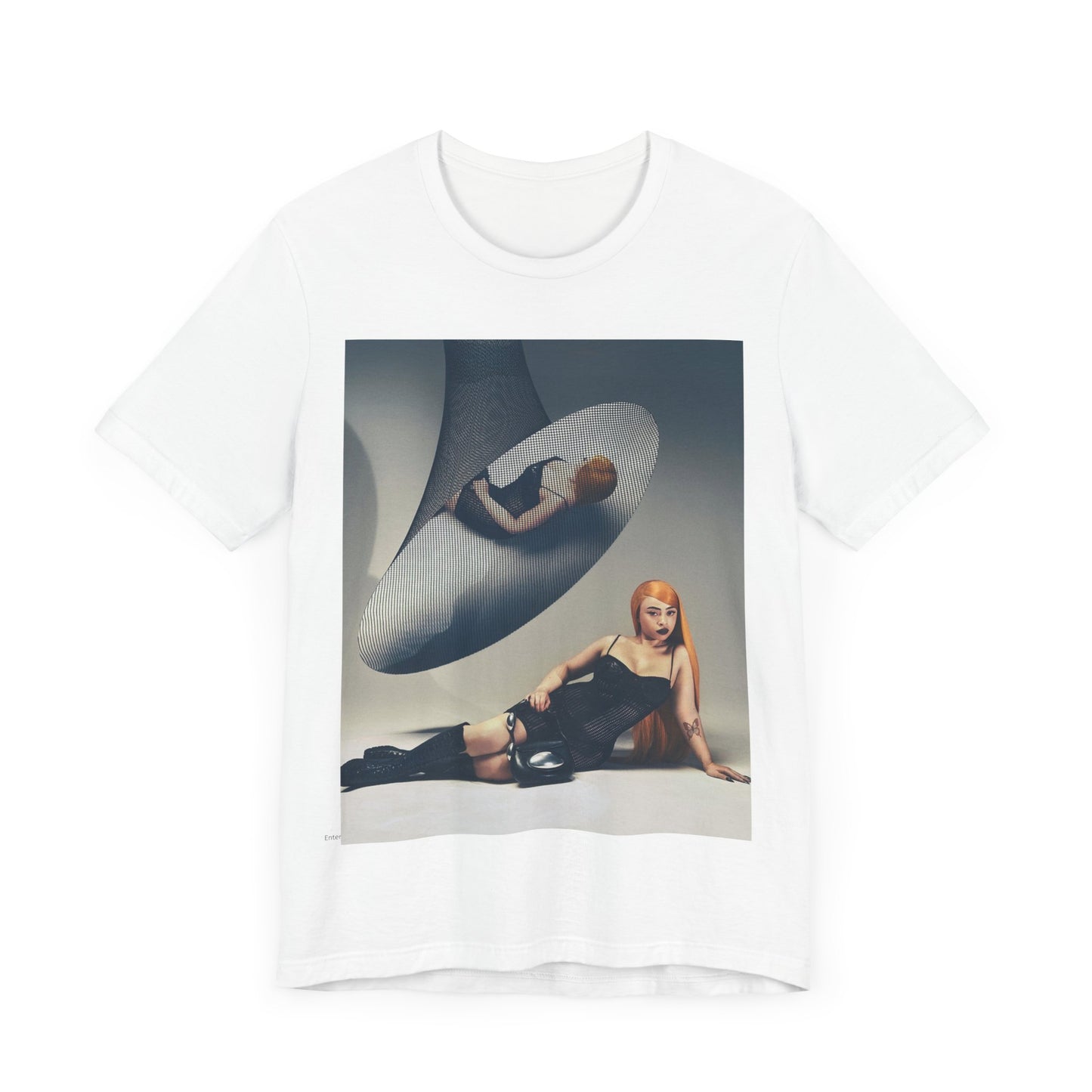 A black graphic t-shirt featuring a laid-back graphic of Ice Spice as a viral rap star.