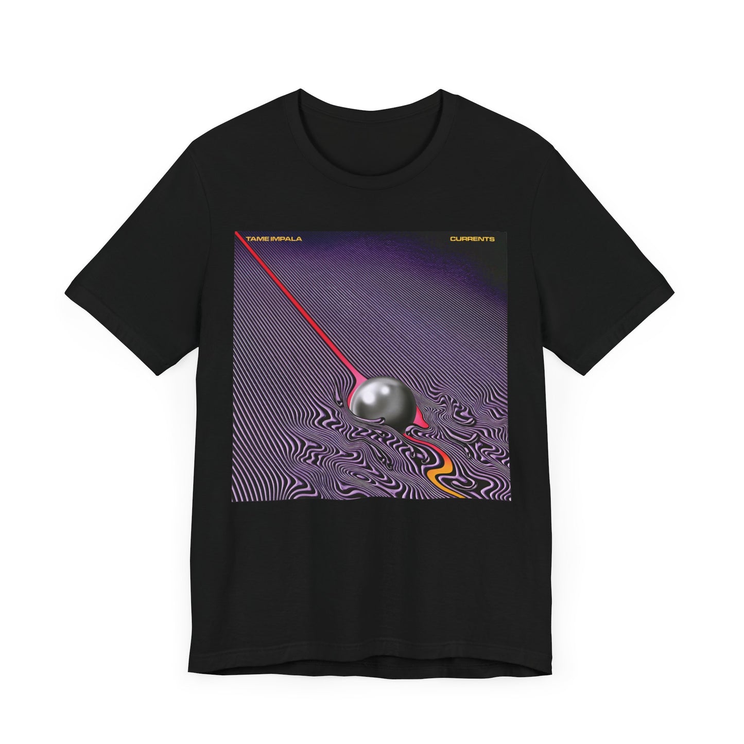 A black graphic t-shirt featuring a graphic related to Tame Impala's 'Currents' album.