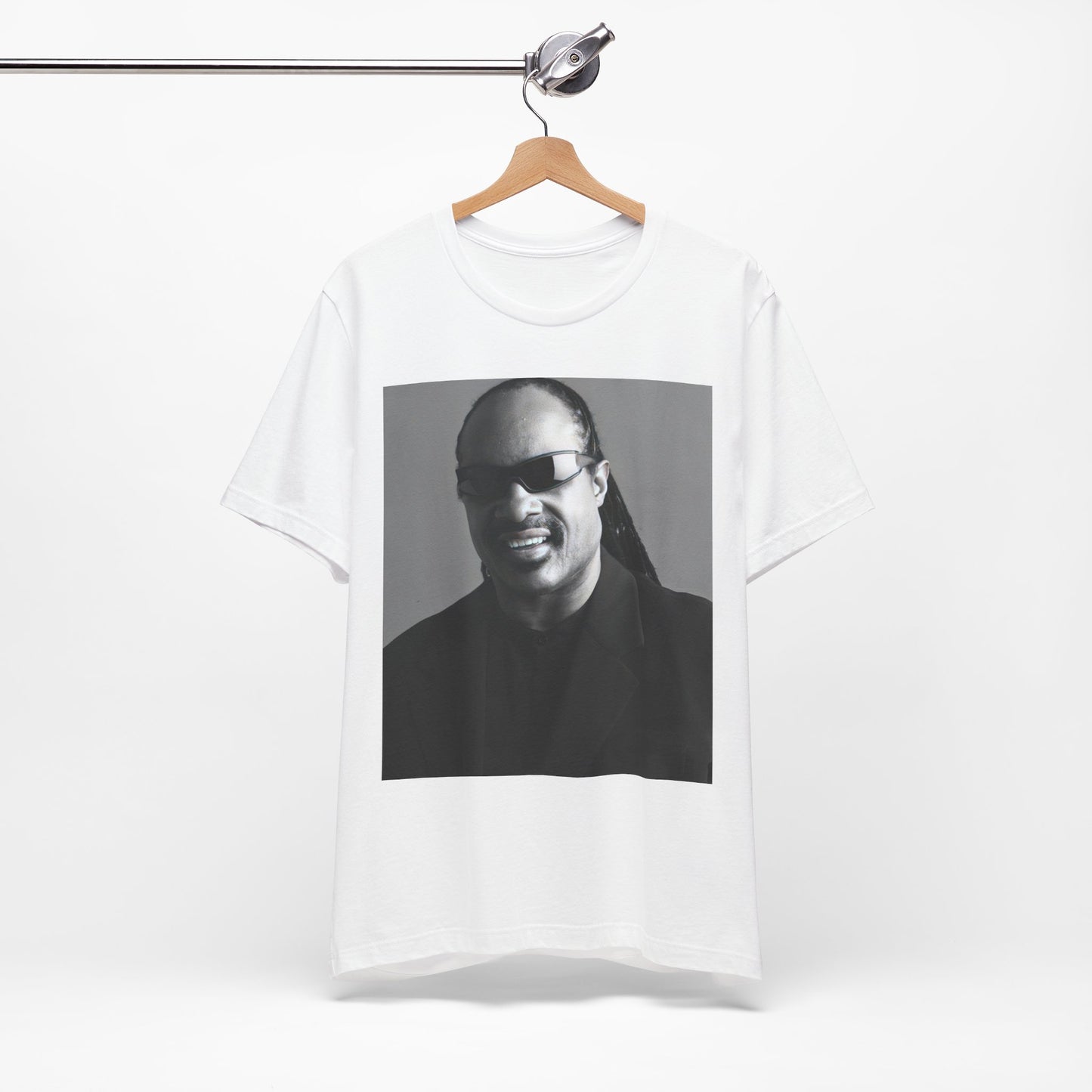 A black graphic t-shirt featuring a classic Motown legend black and white graphic of Stevie Wonder.