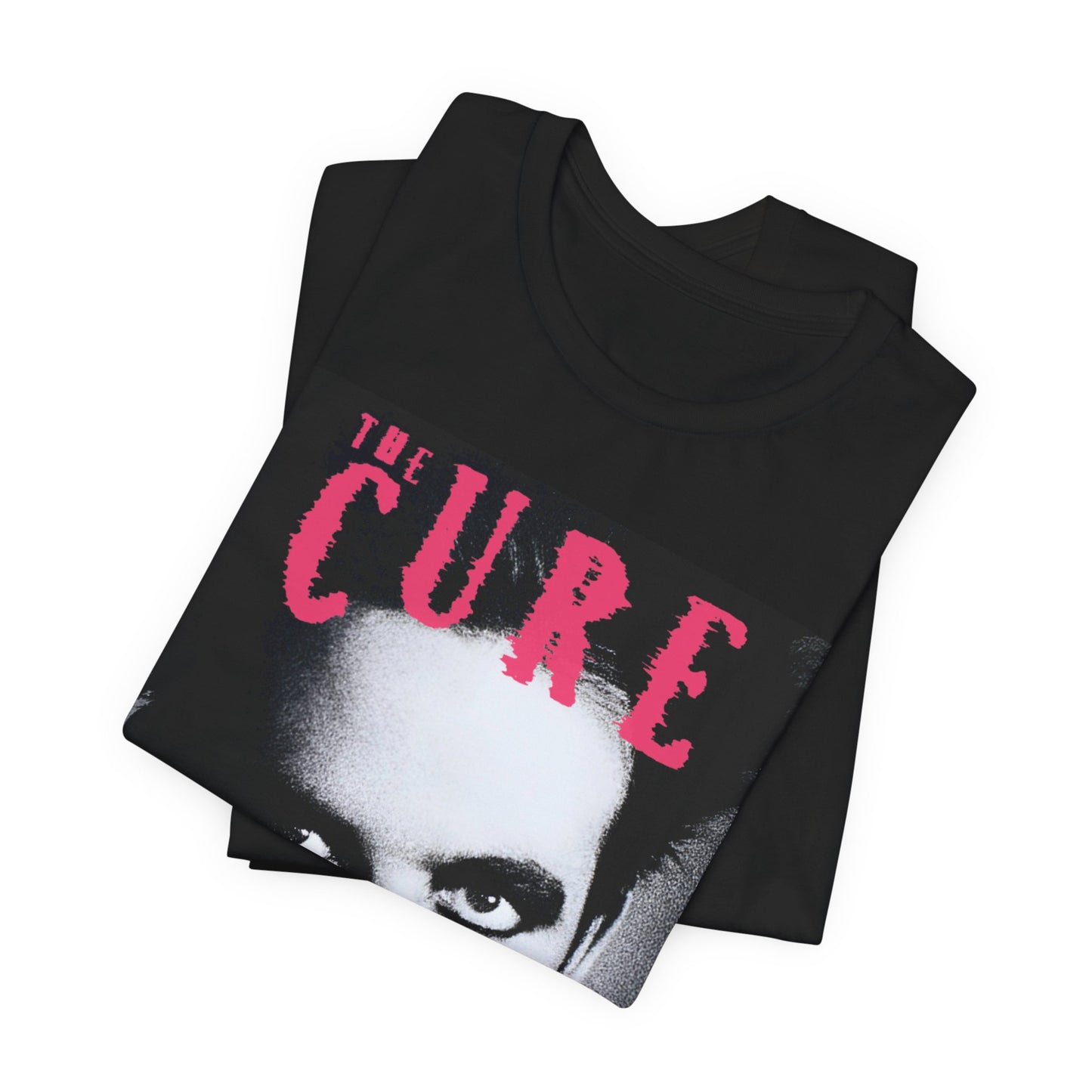 A black graphic t-shirt featuring an 80s post-punk aesthetic graphic of The Cure.