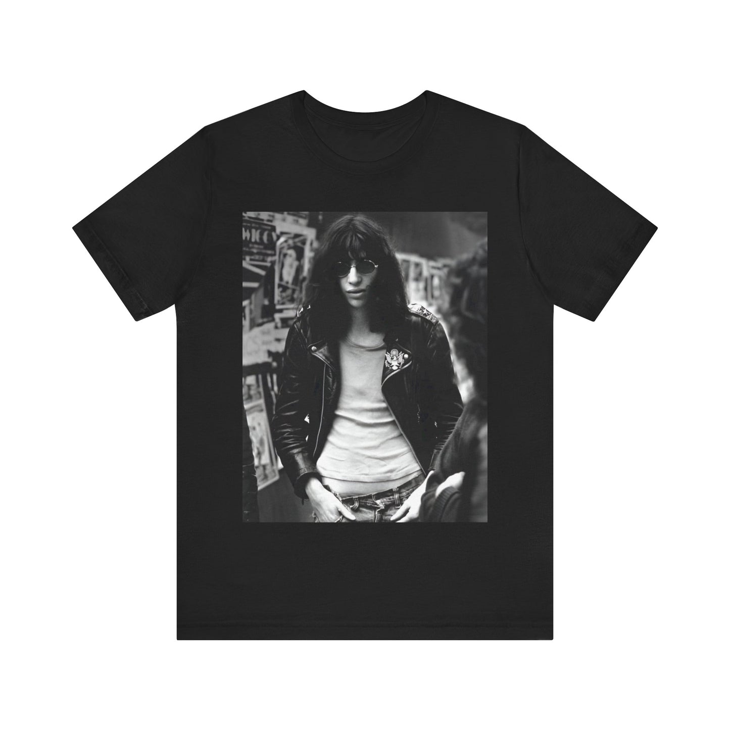 A black graphic t-shirt featuring a 70s black and white photo portrait of Joey Ramone from Ramones.