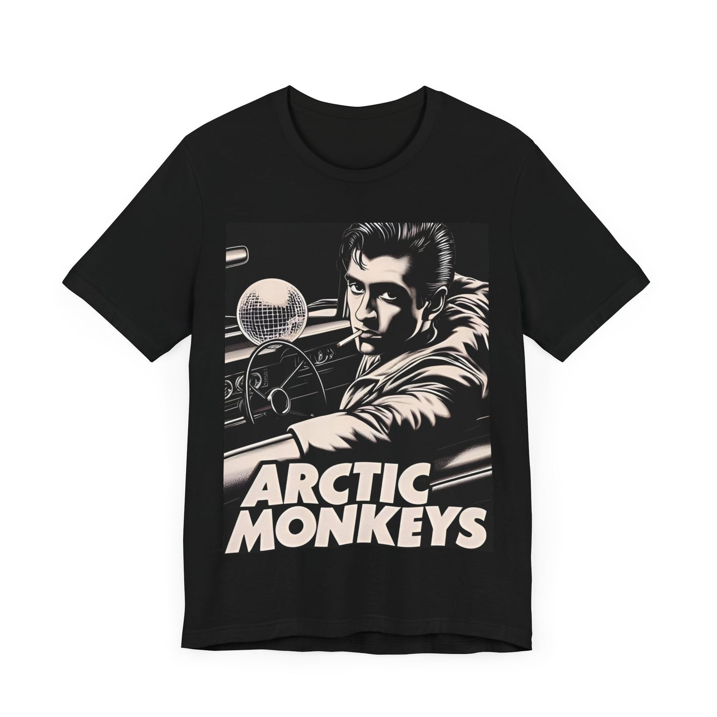 A black graphic t-shirt featuring a graphic of Arctic Monkeys from the 2000s, evoking an indie rock aesthetic.