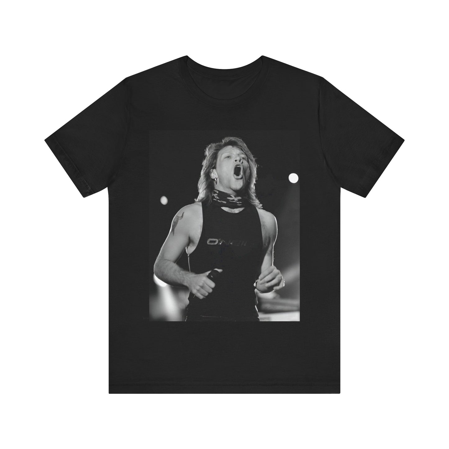 A black graphic t-shirt featuring a black and white iconic graphic or photo of Bon Jovi as superstars.