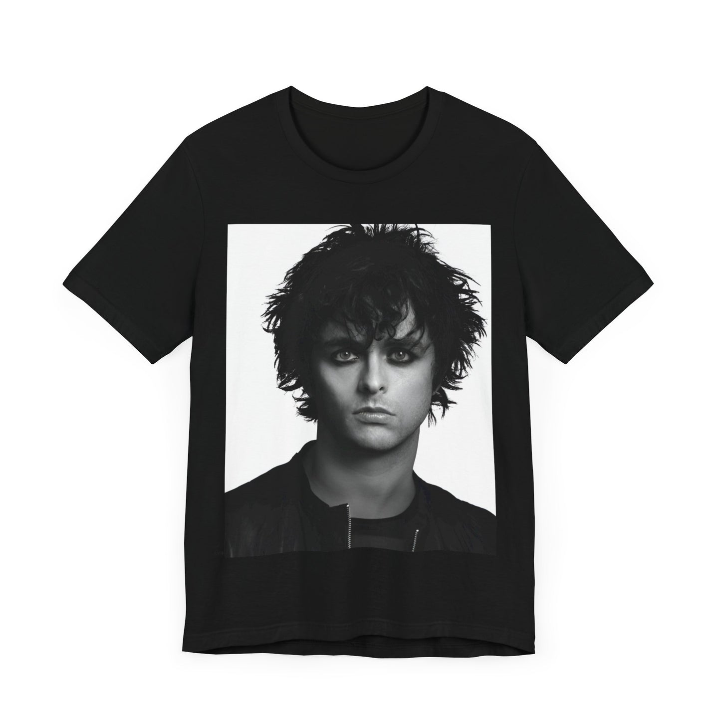 A black graphic t-shirt featuring a black and white portrait photo of Billie Joe Armstrong from Green Day.