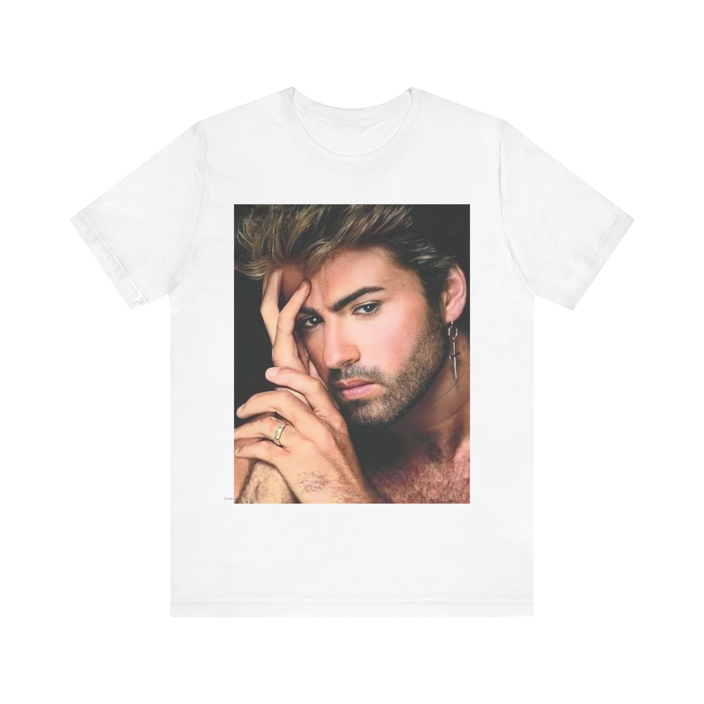 A black graphic t-shirt featuring a graphic of George Michael with a feel-good 80s vibe.