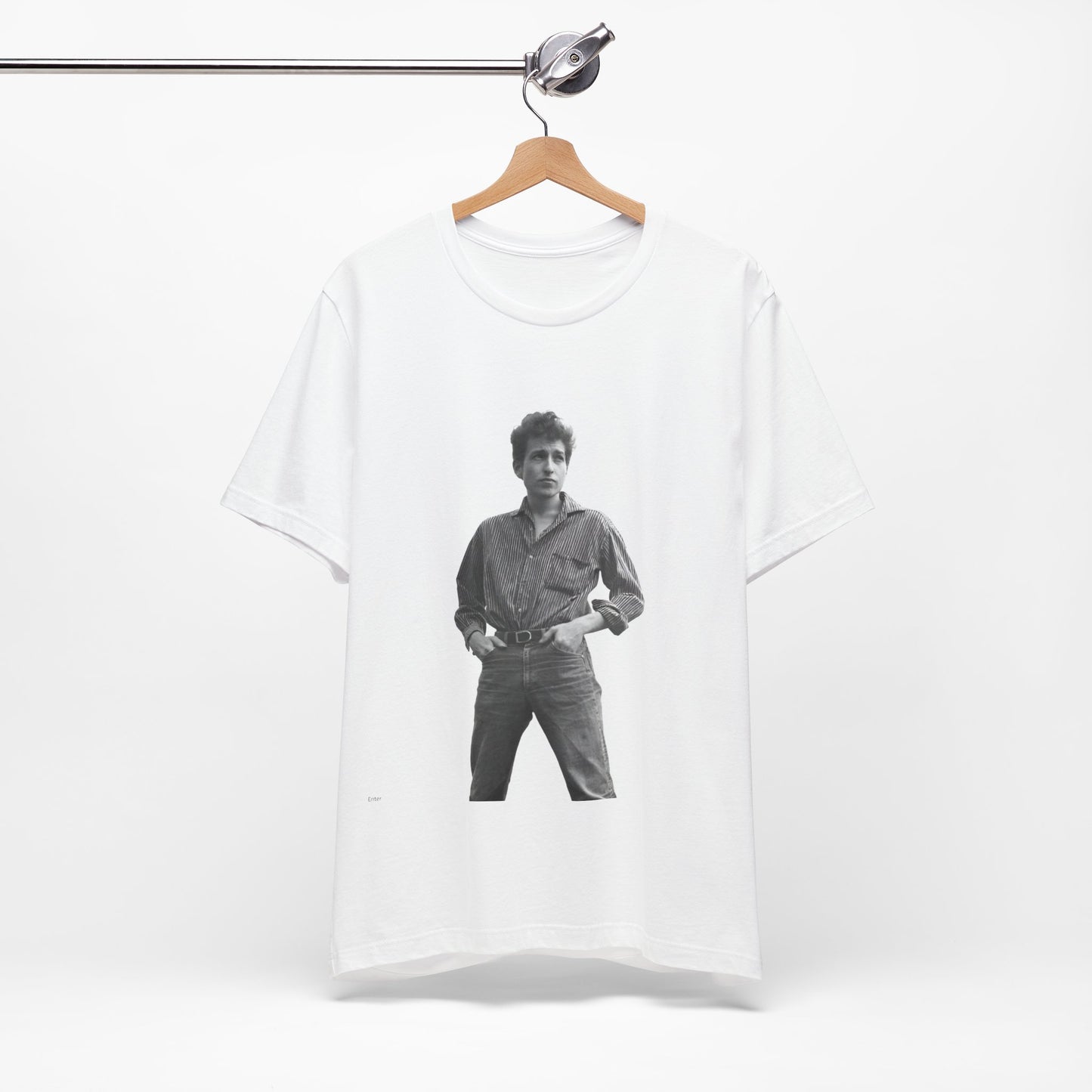 A black graphic t-shirt featuring a vintage 60s folk aesthetic graphic of Bob Dylan.