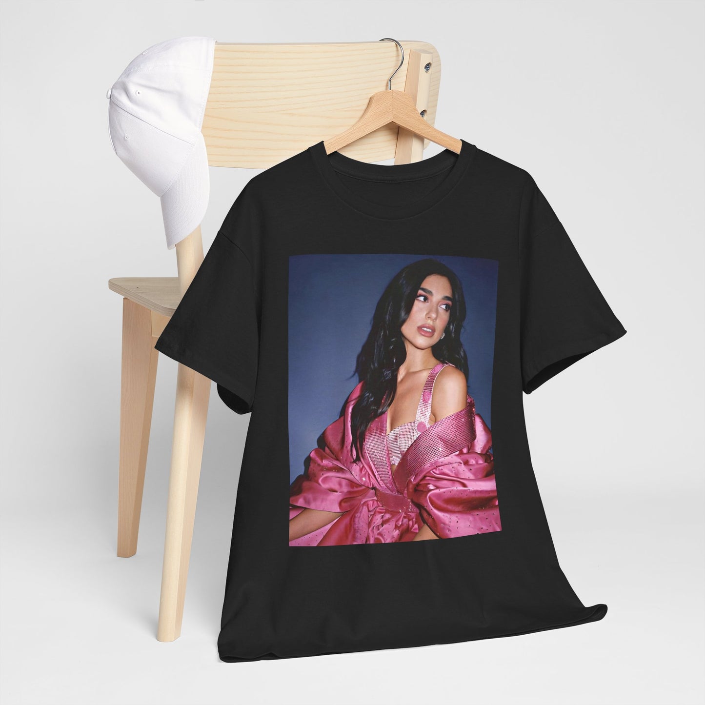 A black graphic t-shirt featuring a retro photo of Dua Lipa from her "Future Nostalgia" era.