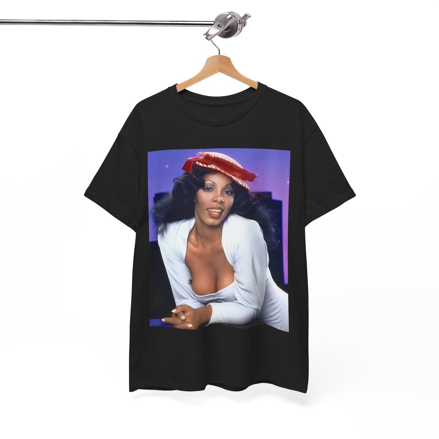 A black graphic t-shirt featuring a retro graphic related to Donna Summer's 'Bad Girls' album era.