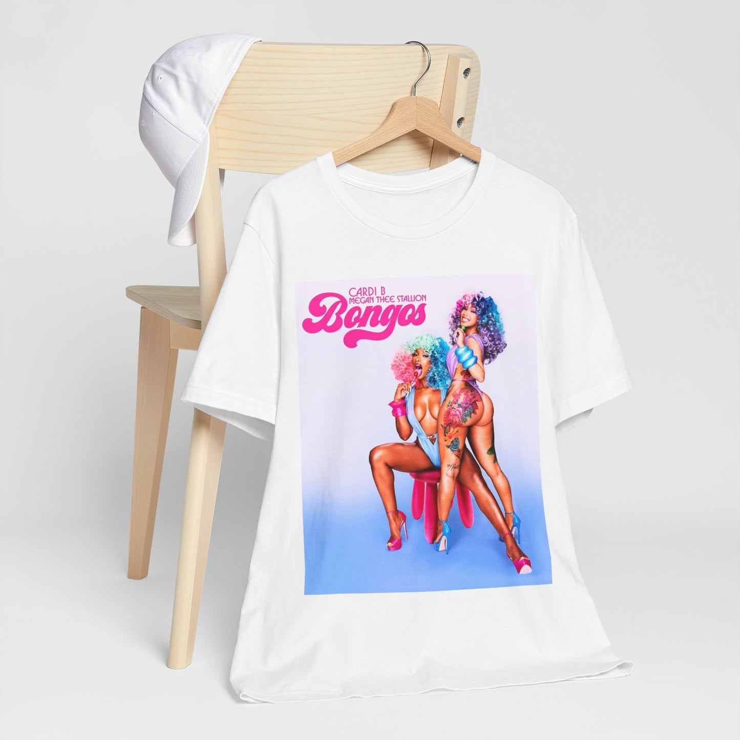 A black graphic t-shirt featuring the single artwork for Cardi B's song "Bongos."