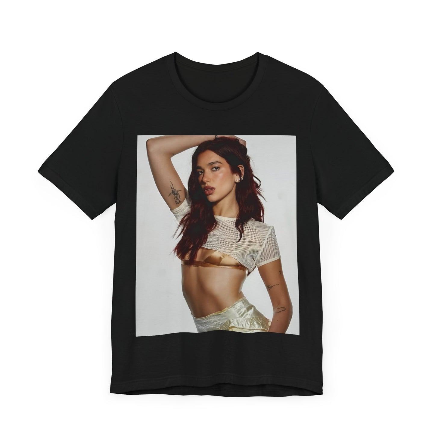 A black graphic t-shirt featuring a minimal graphic of Dua Lipa.