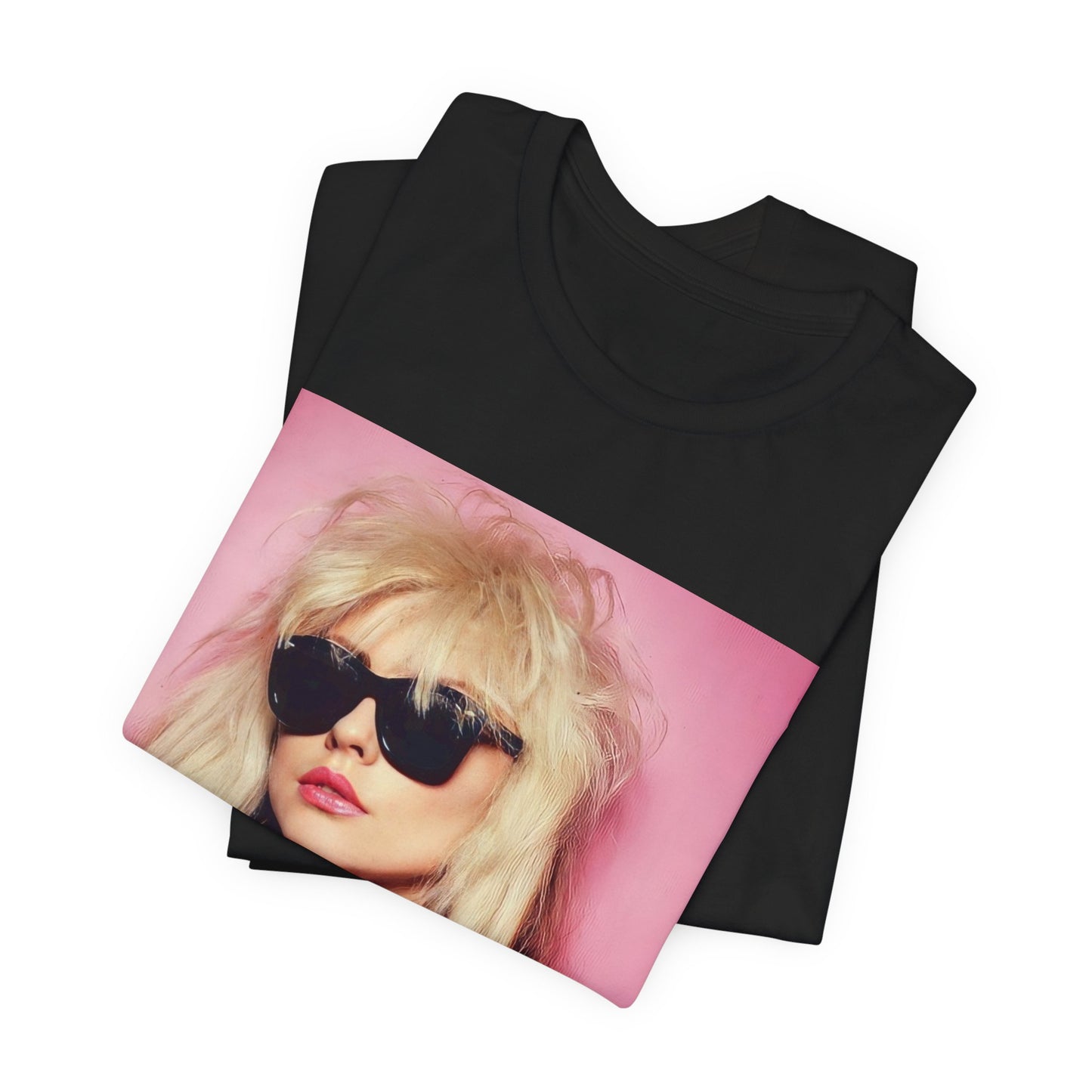 A black graphic t-shirt featuring a graphic related to Blondie's 'Call Me' song or era.