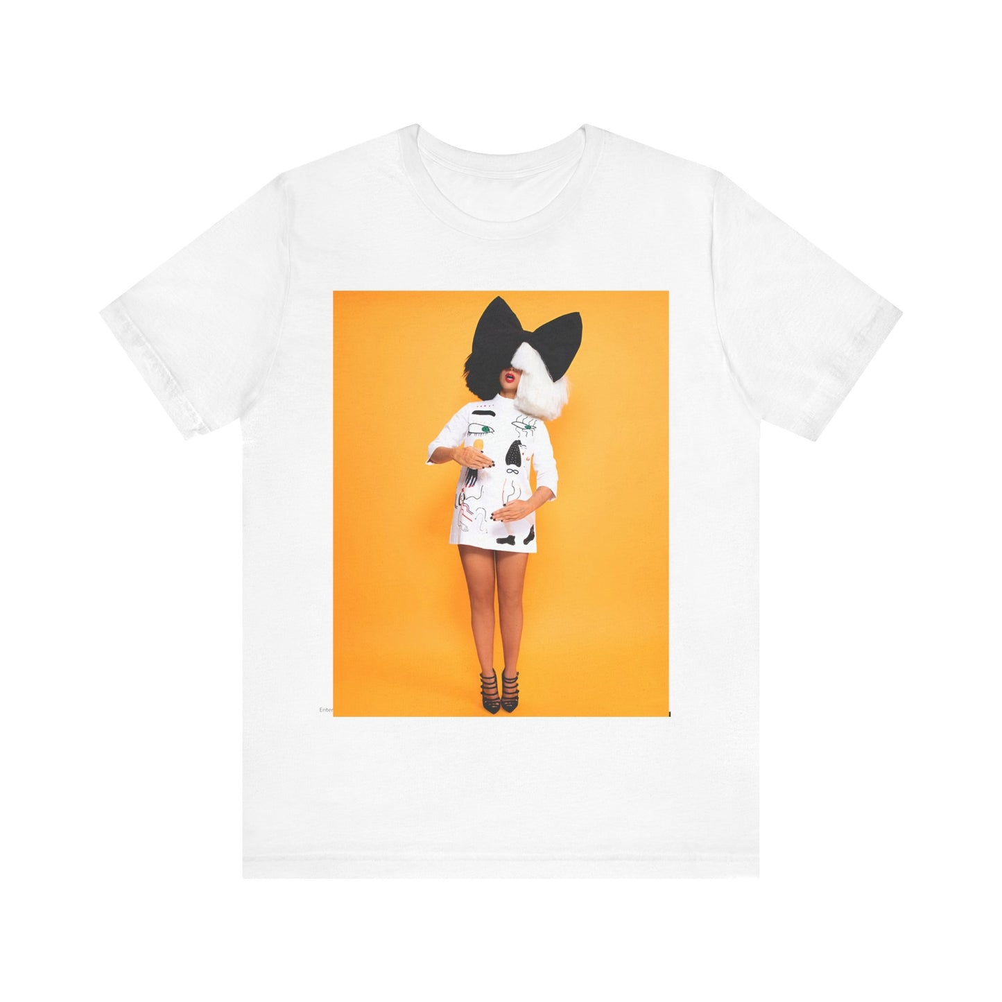 A black graphic t-shirt featuring a graphic of Sia as an art pop visionary.