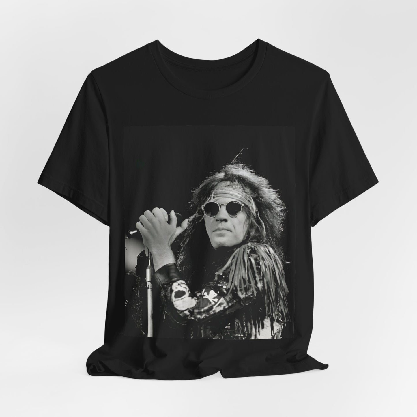 A black graphic t-shirt featuring a vintage graphic related to Bon Jovi's '94 era or "Glory Days".