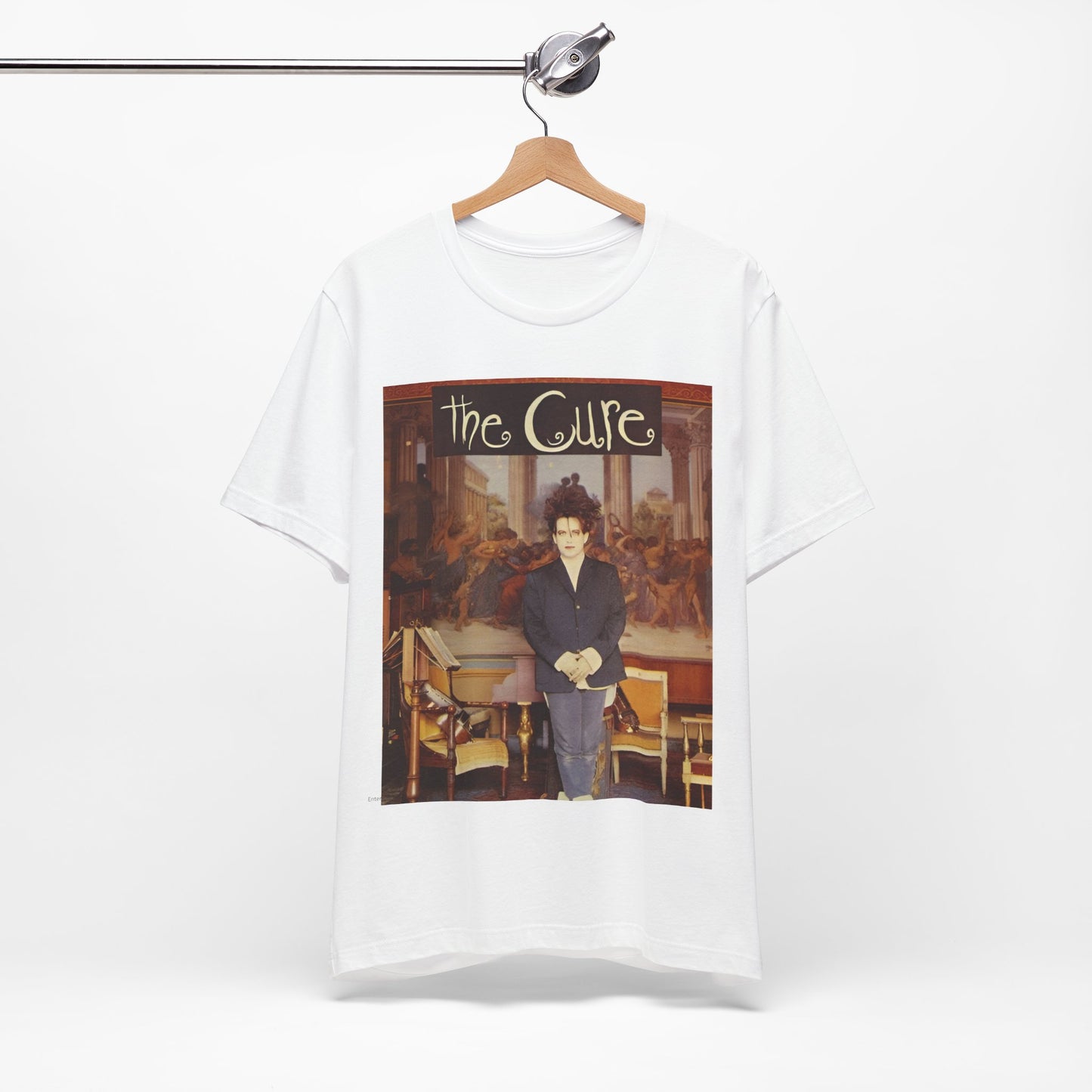A black graphic t-shirt featuring a graphic of Robert Smith from The Cure as a goth icon.