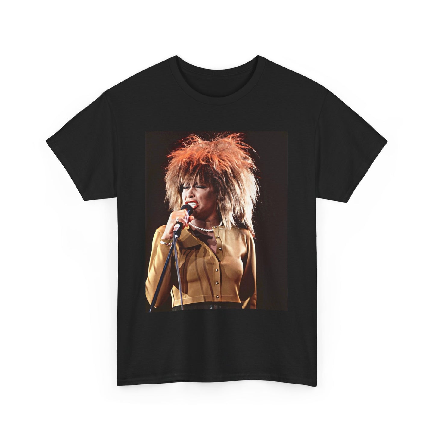 A black graphic t-shirt featuring a graphic of Tina Turner as a legendary rock icon.