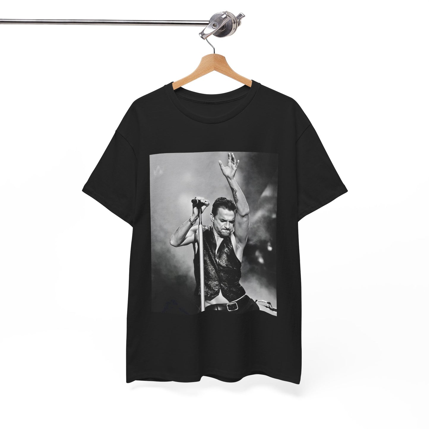 A black graphic t-shirt featuring a graphic or photo of Depeche Mode performing live on stage from the 'Personal Jesus' era.
