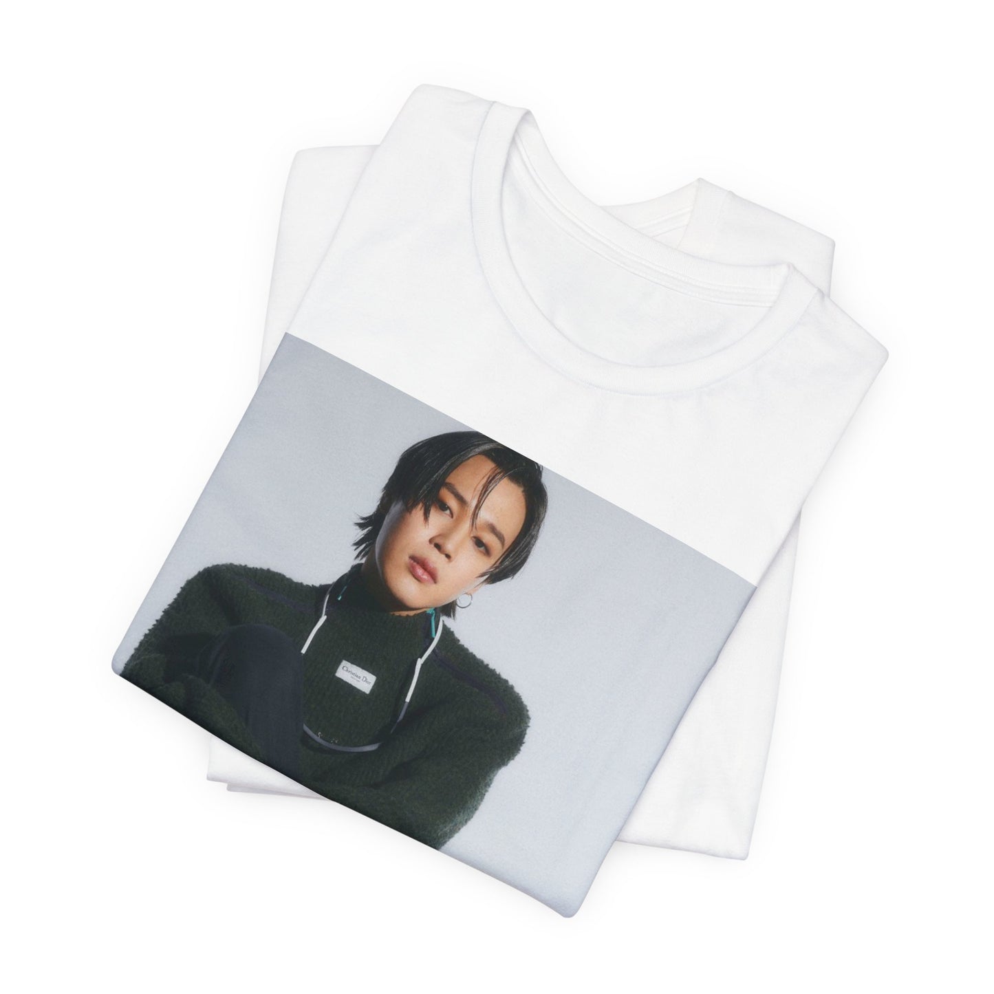 A black graphic t-shirt featuring a modern K-Pop essential graphic of Jimin.