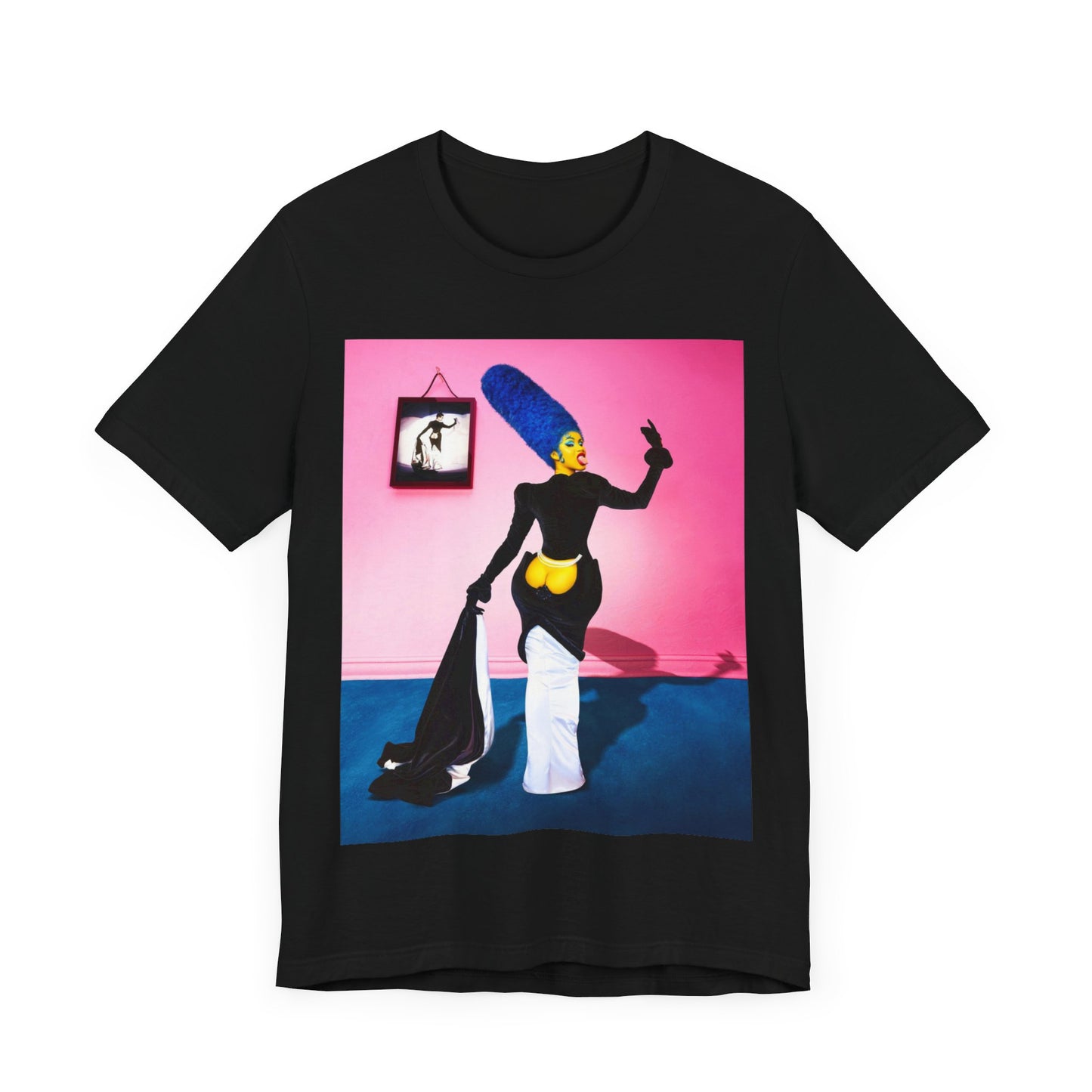 A black graphic t-shirt featuring a photo or graphic of Cardi B blended with elements or characters from The Simpsons.