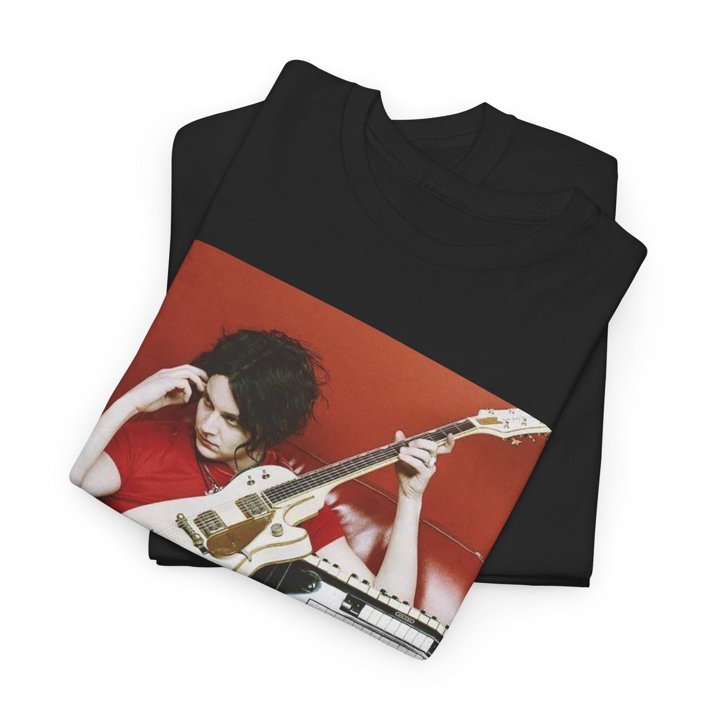 A black graphic t-shirt featuring a retro graphic of The White Stripes with a garage rock aesthetic.
