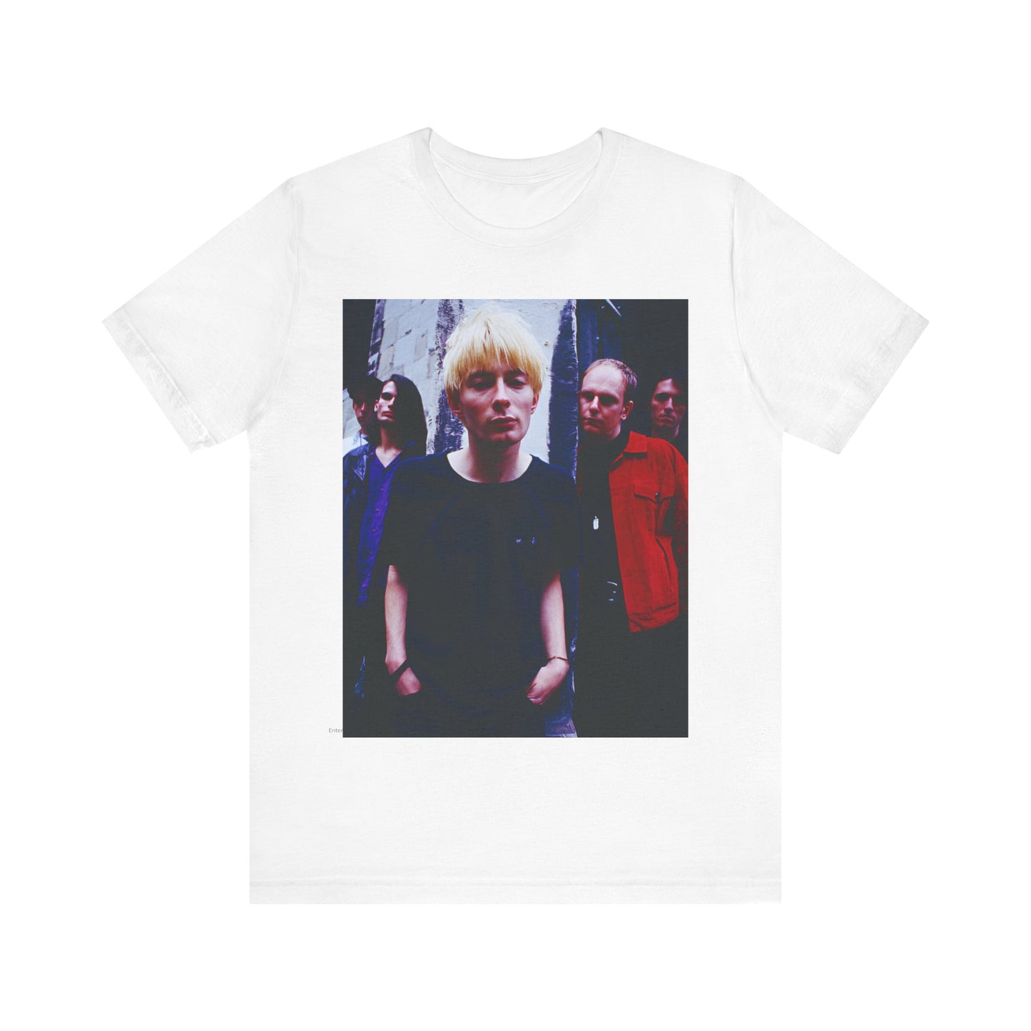 A black graphic t-shirt featuring a graphic of Radiohead as unapologetic art rock icons.